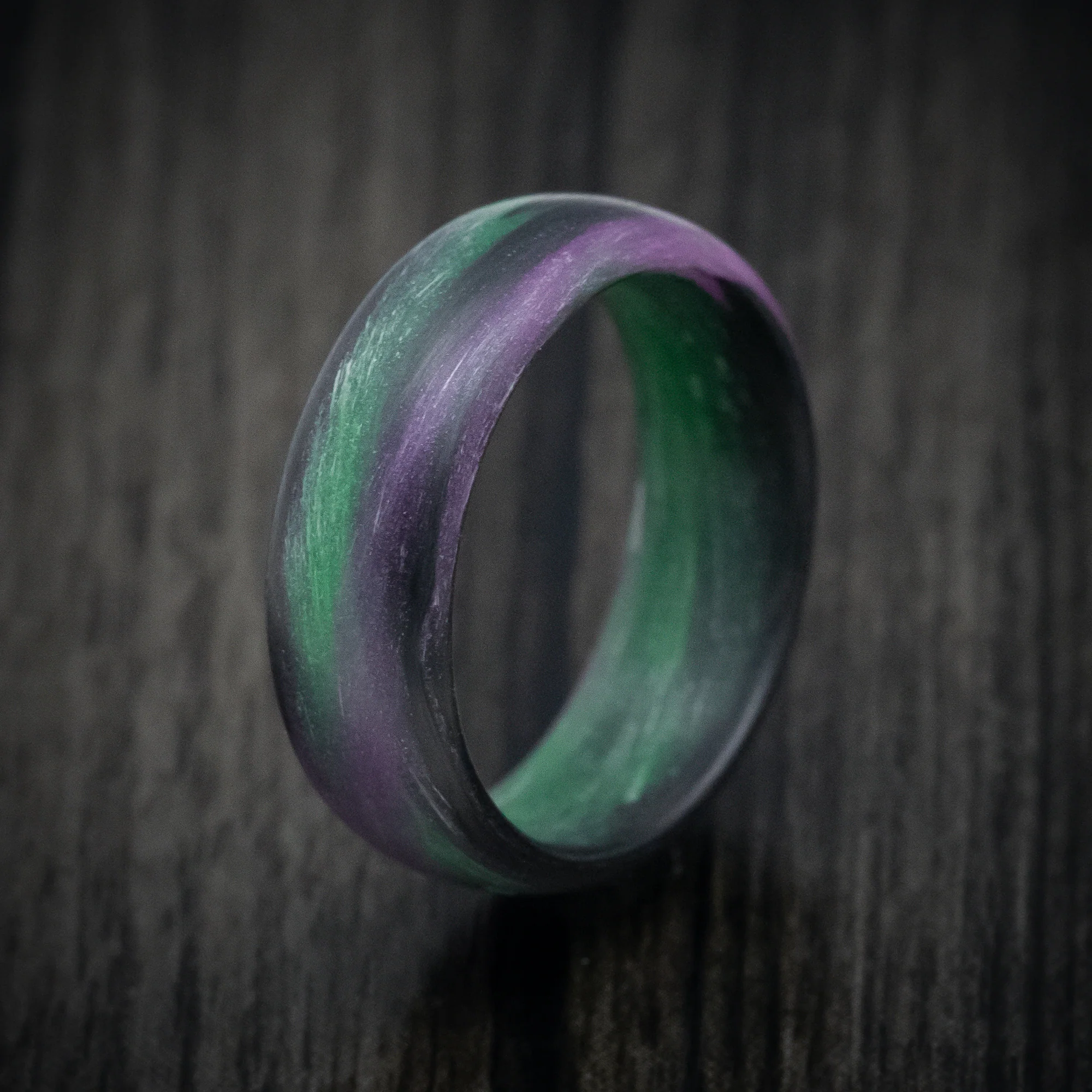Carbon Fiber Men's Ring with Purple and Green Glow Marbled Design - Image 4