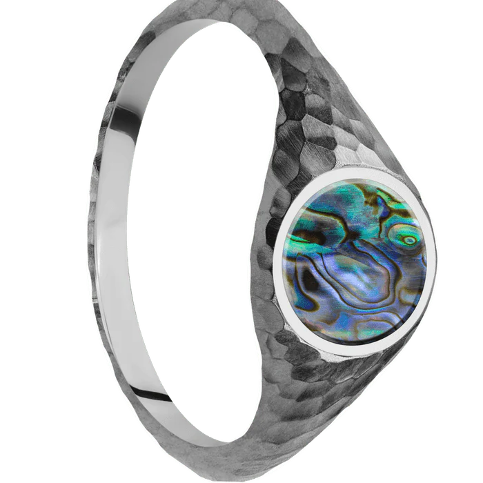 Circle Titanium Signet Ring / Hammer Ring Finish and Polish Signet Finish / Abalone Inlay / Size 8.5 - Image 2