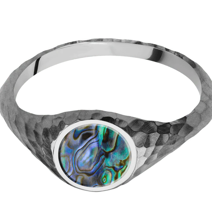 Circle Titanium Signet Ring / Hammer Ring Finish and Polish Signet Finish / Abalone Inlay / Size 8.5 - Image 3