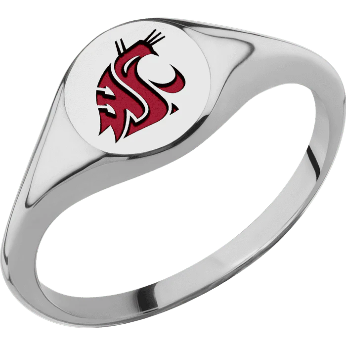 Circle Titanium Signet Ring / Polish Ring Finish and Polish Signet Finish / Washington State Cougar Head Design with Crimson Cerakote / Size 8.5