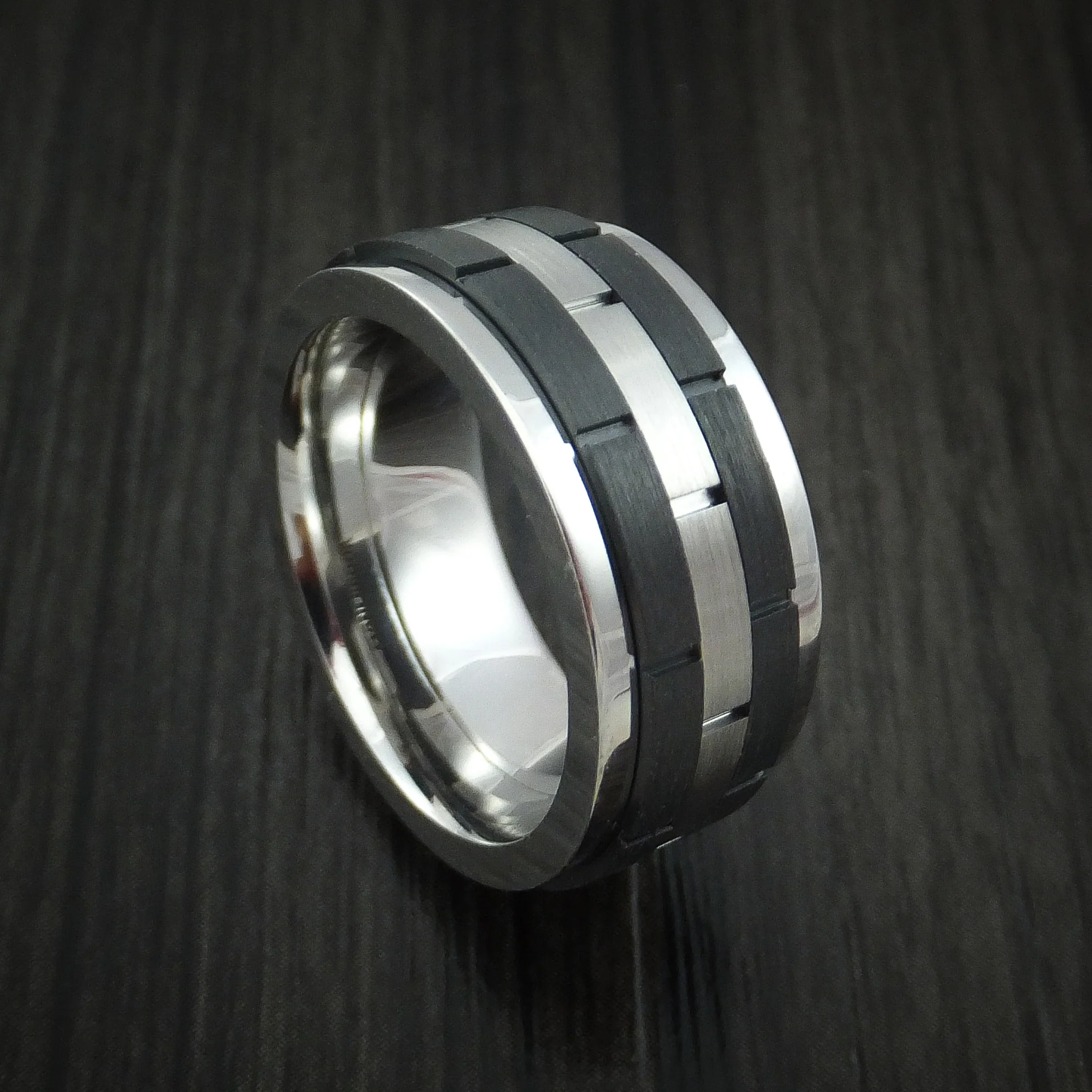 Cobalt Chrome and Black Zirconium Spinner Men's Ring with Brick Pattern Custom Made Band