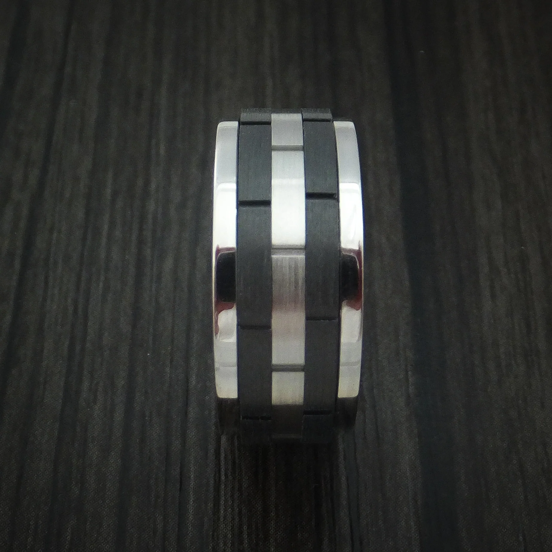 Cobalt Chrome and Black Zirconium Spinner Men's Ring with Brick Pattern Custom Made Band - Image 2