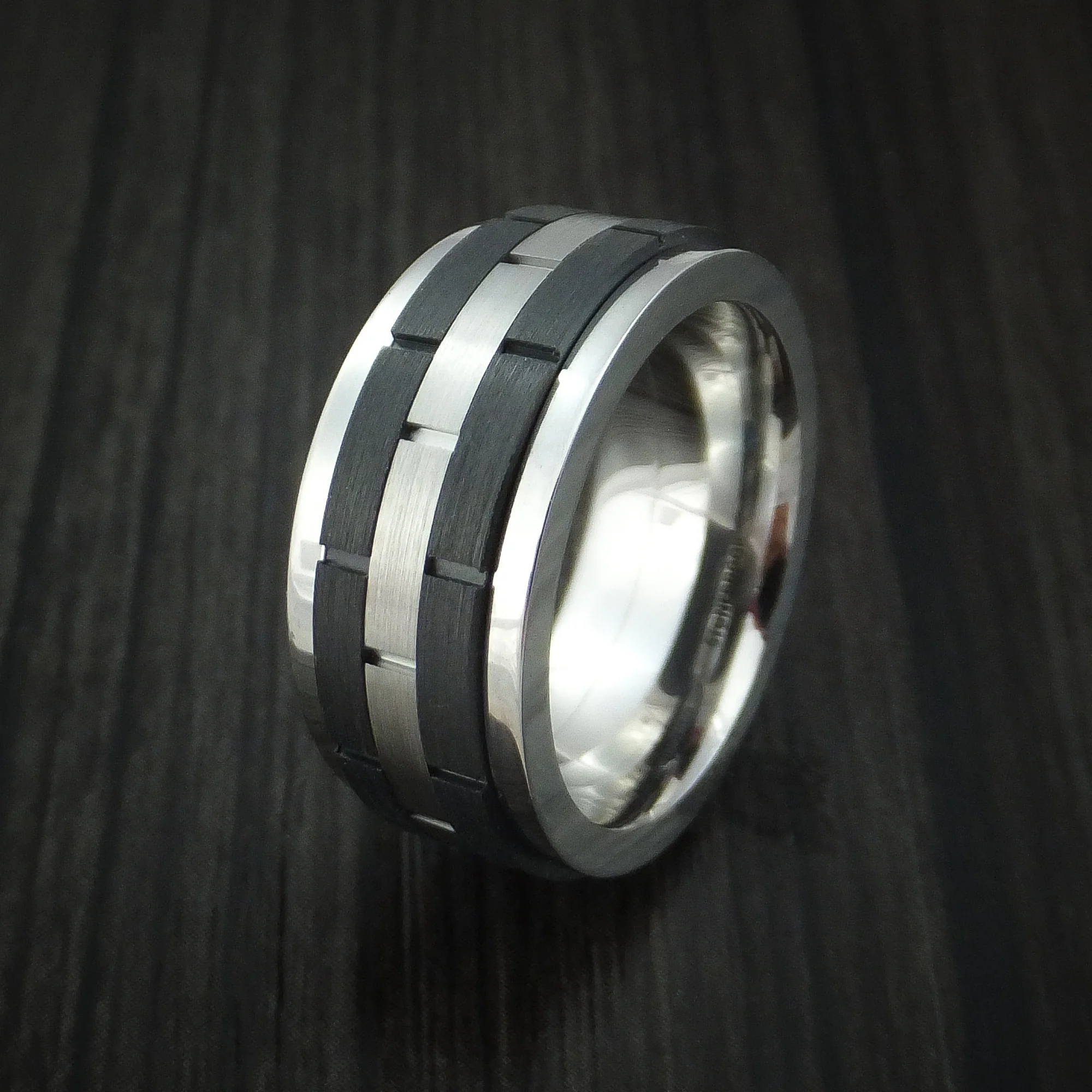 Cobalt Chrome and Black Zirconium Spinner Men's Ring with Brick Pattern Custom Made Band - Image 3