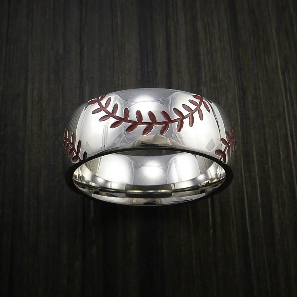 Cobalt Chrome Baseball Men's Ring with Double Stitching Polish Finish - Image 3