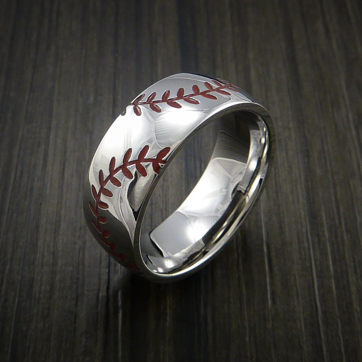 Cobalt Chrome Baseball Men's Ring with Double Stitching Polish Finish - Image 5
