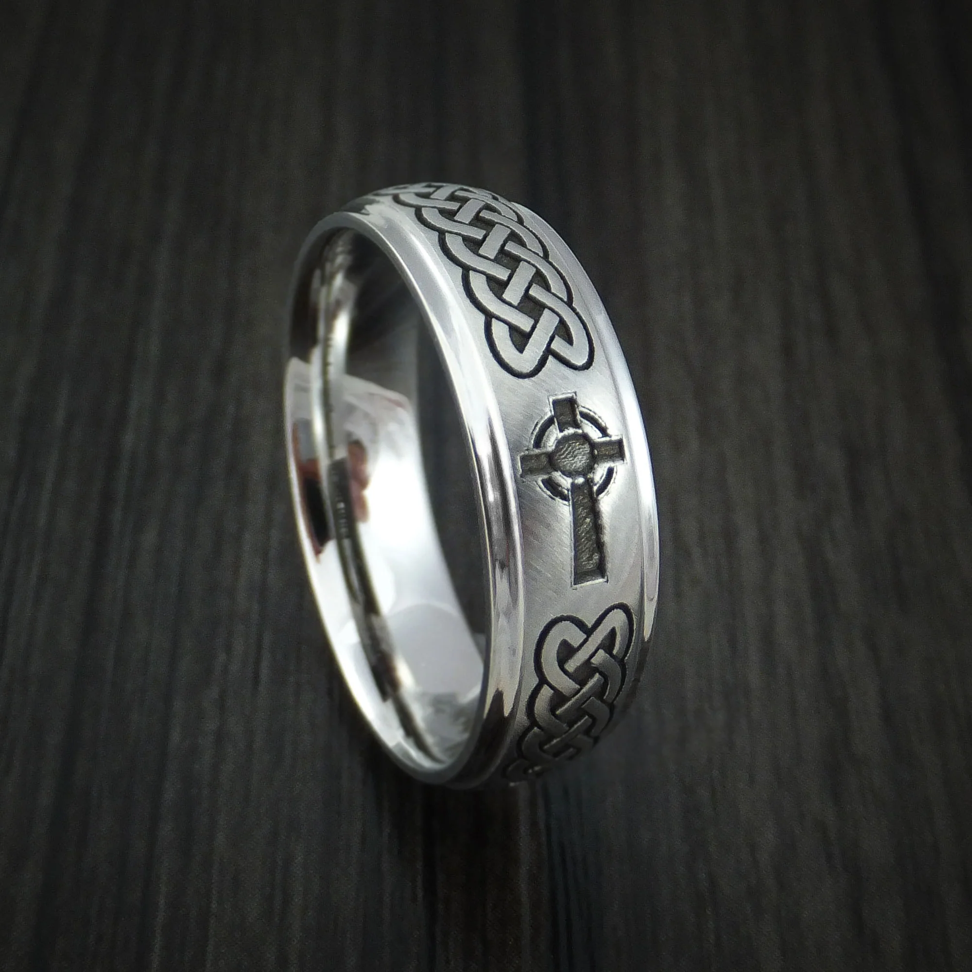 Cobalt Chrome Celtic Band Irish Knot Cross Men's Ring Carved Pattern Design