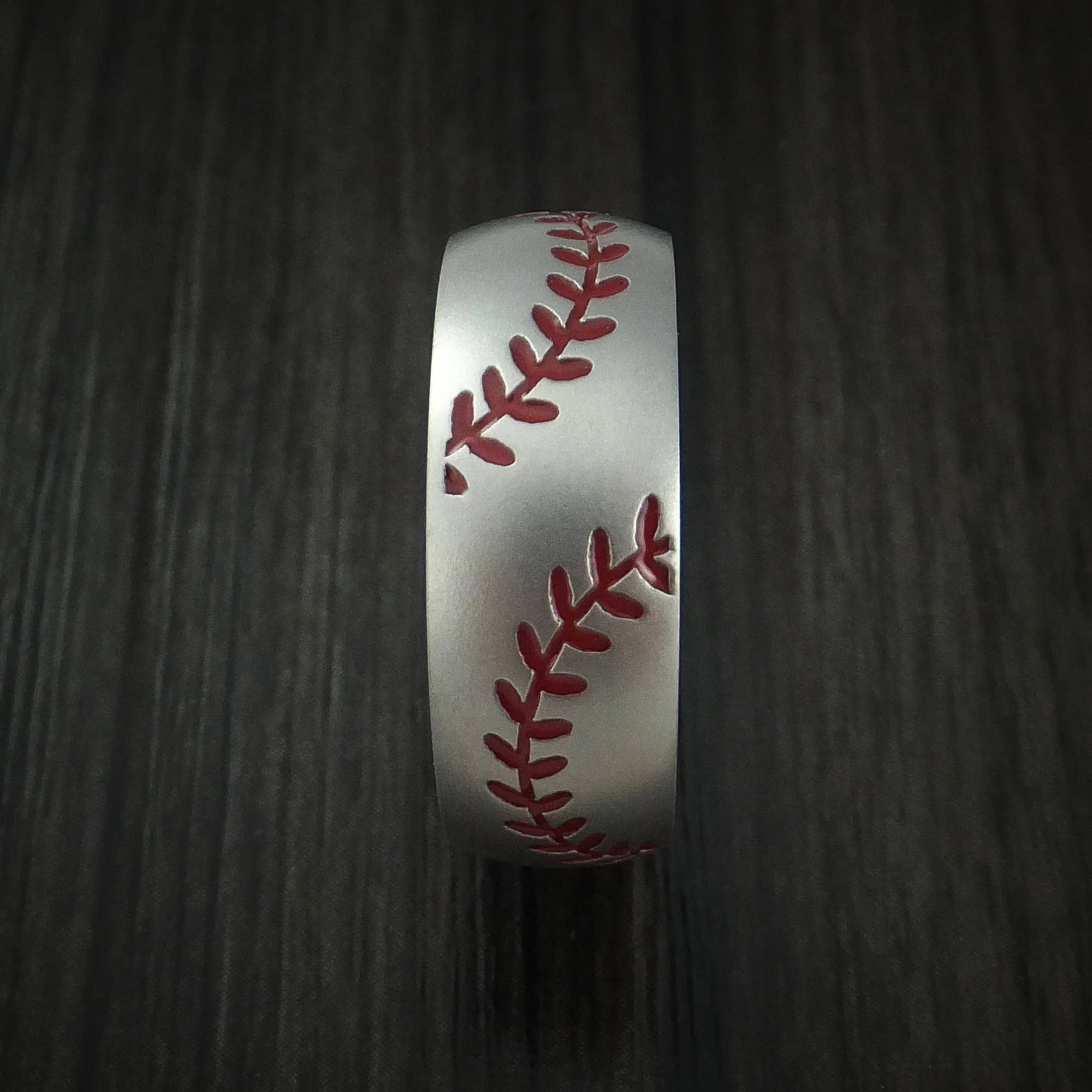 Cobalt Chrome Double Stitch Baseball Men's Ring with Wood Sleeve and Bead Blast Finish - Image 4