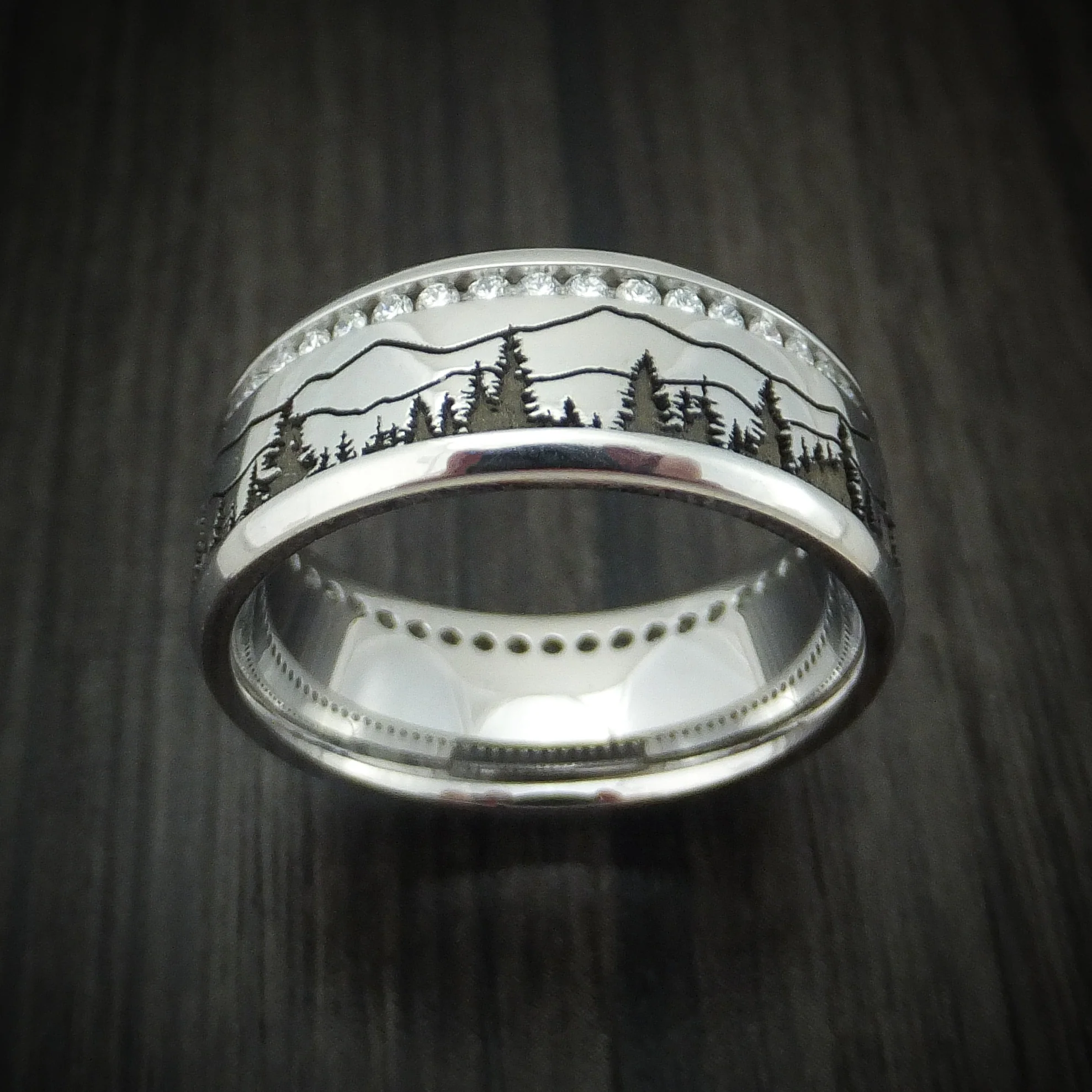 Cobalt Chrome Eternity Lab Diamond Men's Ring with Spruce Pine Trees and Mountain Design - Image 2