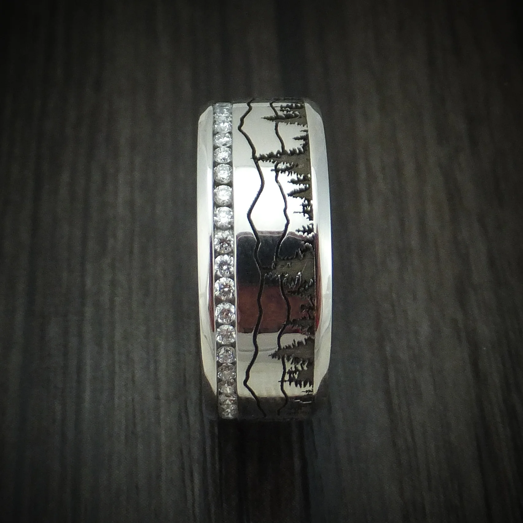 Cobalt Chrome Eternity Lab Diamond Men's Ring with Spruce Pine Trees and Mountain Design - Image 3