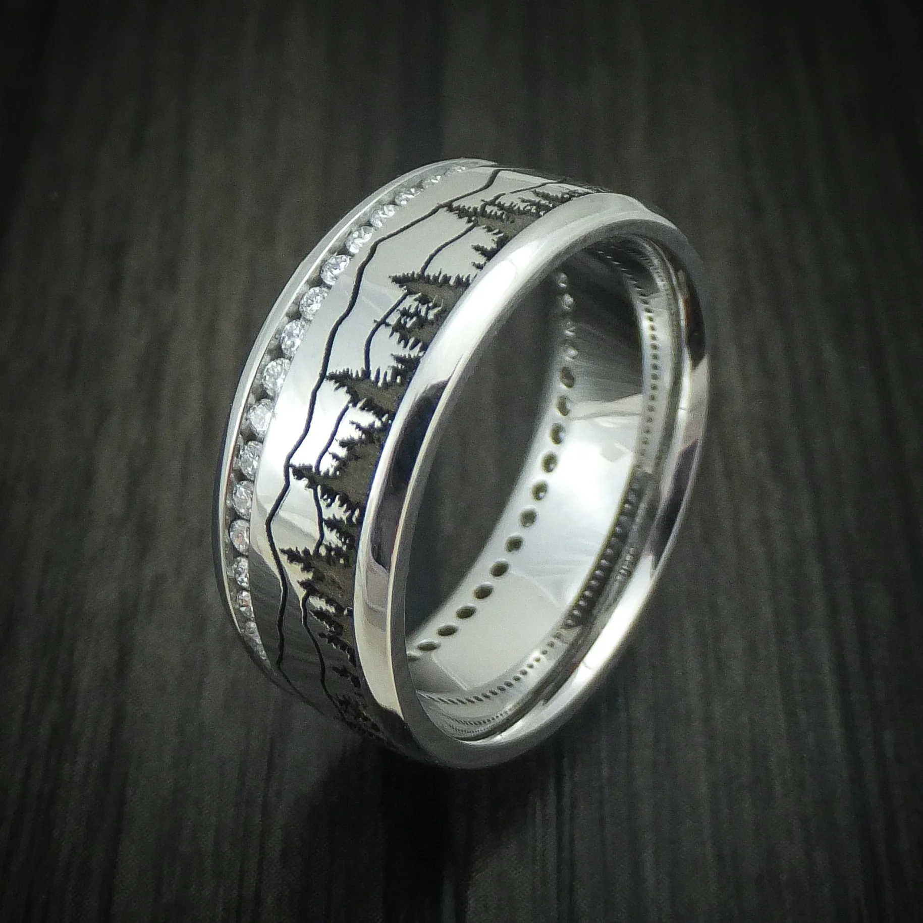 Cobalt Chrome Eternity Lab Diamond Men's Ring with Spruce Pine Trees and Mountain Design - Image 4