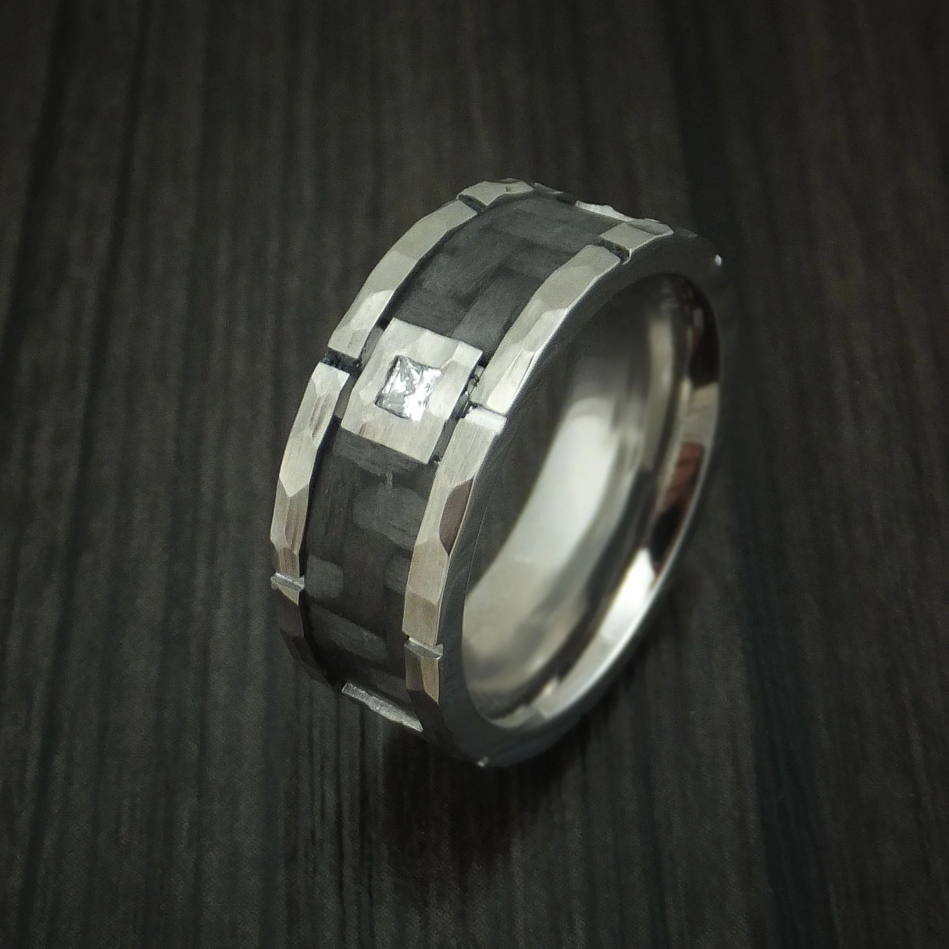 Cobalt Chrome Hammered Men's Ring with Carbon Fiber Inlay and Diamond Custom Band - Image 4