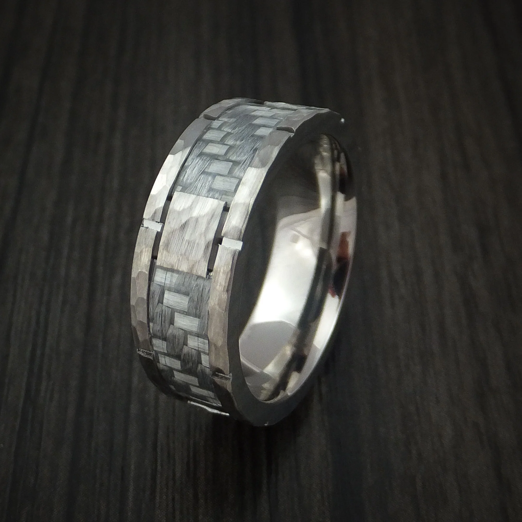 Cobalt Chrome Hammered Men's Ring with Silver Carbon Fiber Inlay Custom Inlay - Image 4
