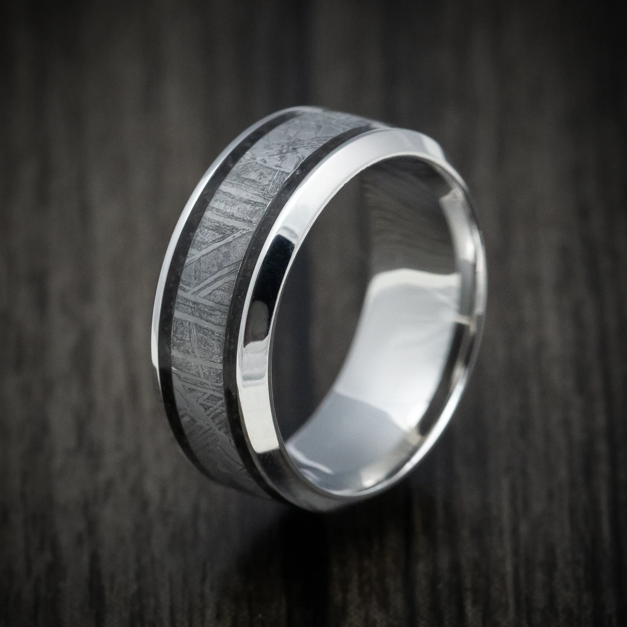 Cobalt Chrome Men's Ring with Dinosaur Bone and Meteorite Inlays Custom Made Band - Image 4