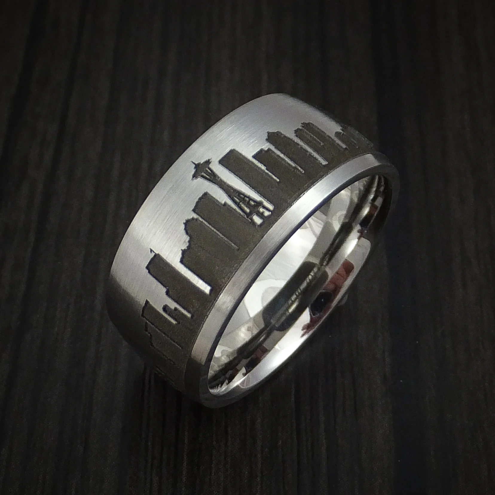 Cobalt Chrome Men's Ring with Seattle Skyline Cityscape Custom Made Band - Image 3
