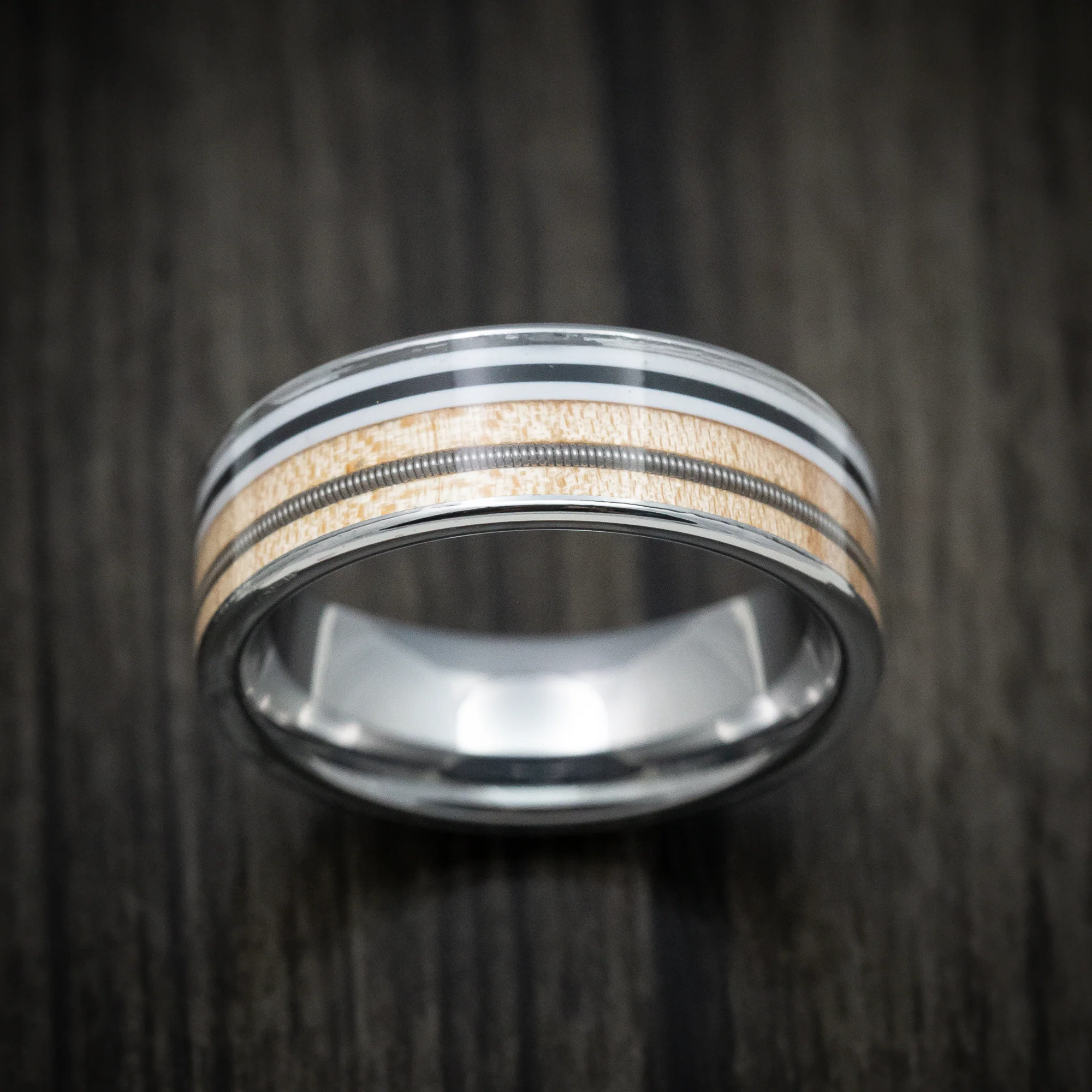Cobalt Chrome Men's Guitar Ring with Ashwood Pick Guard and Guitar String Inlays - Image 2