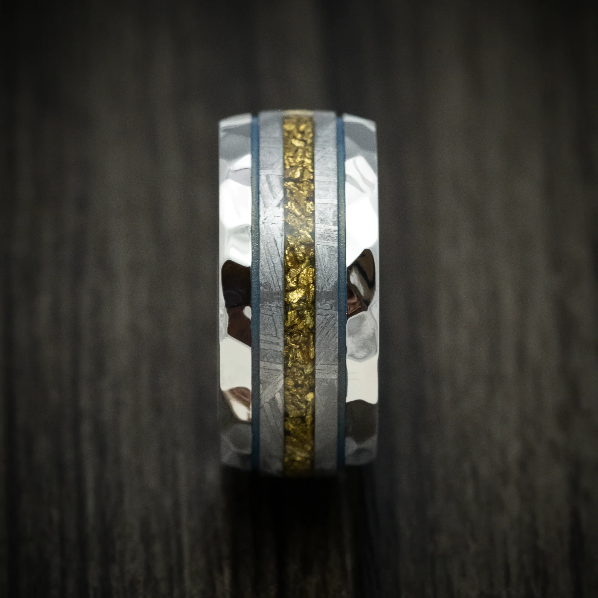 Cobalt Men's Ring with Gibeon Meteorite and Gold Nugget Inlays Custom Made Band - Image 3