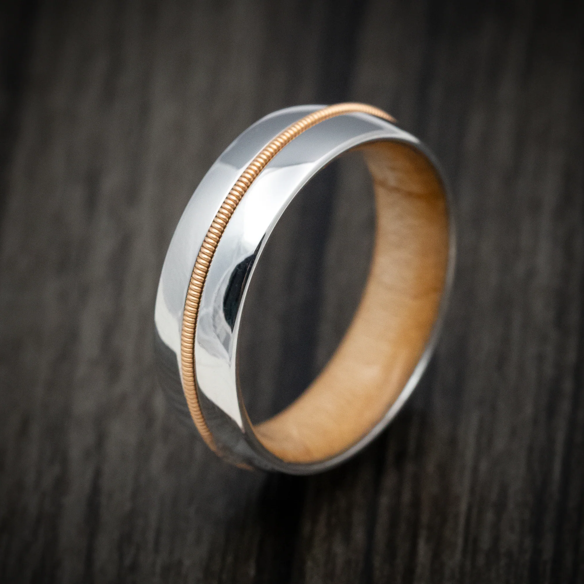 Cobalt Chrome Men's Ring with Guitar String Inlay and Wood Sleeve - Image 3