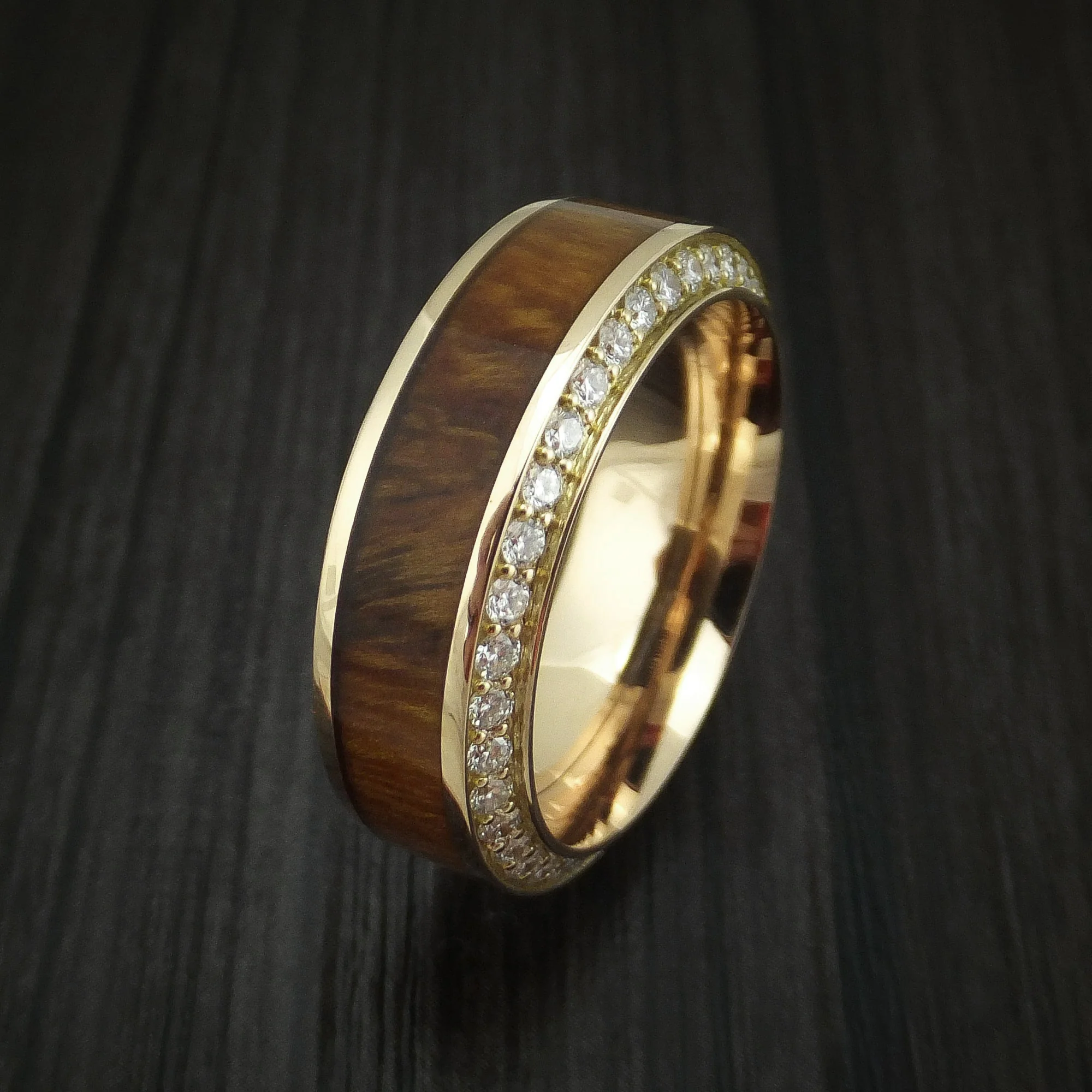 Yellow Gold Men's Ring With Wood Inlay And Eternity Set Diamonds Custom Made Band - Image 3