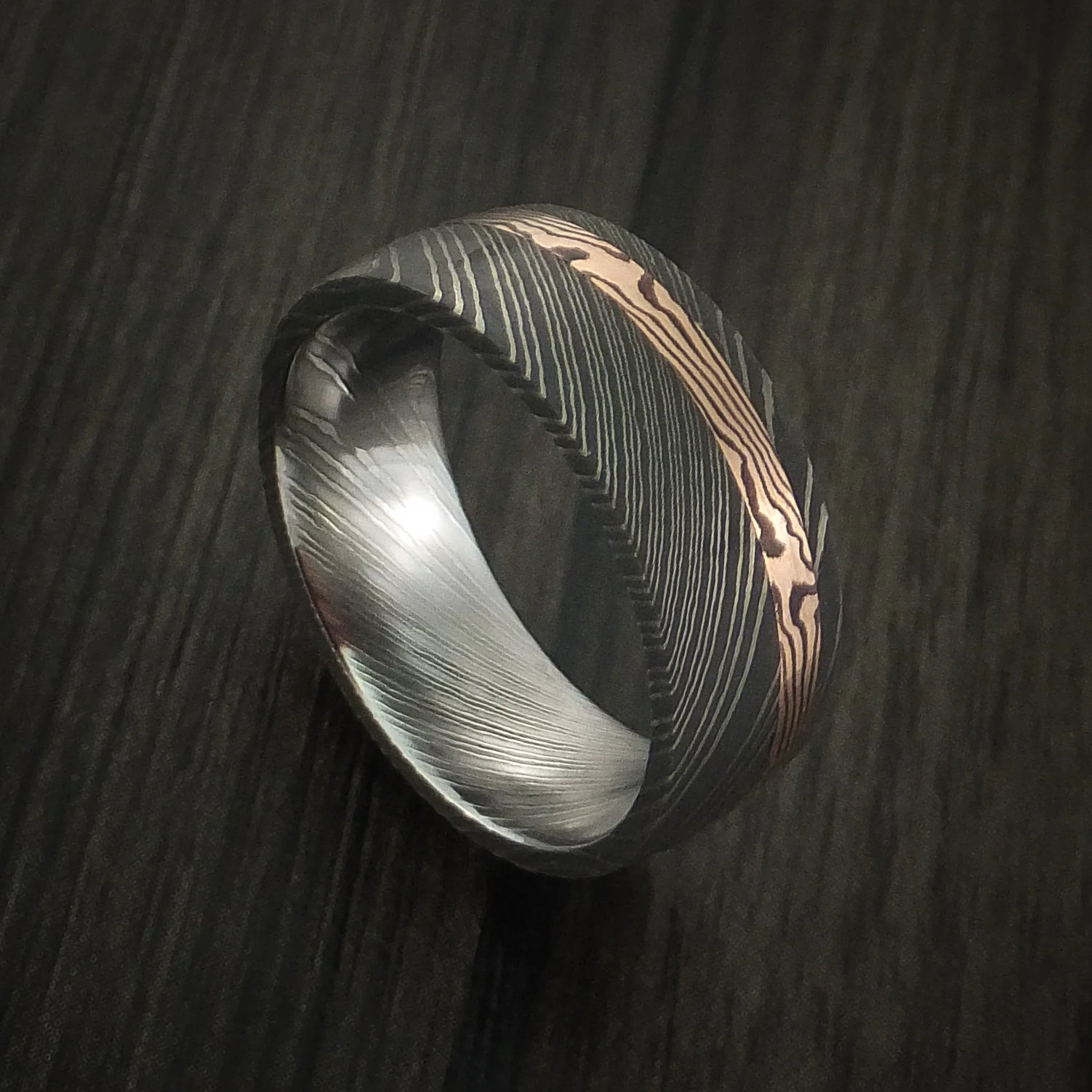 Damascus and 14k Rose Gold Mokume Gane Men's Ring Wide Custom Made