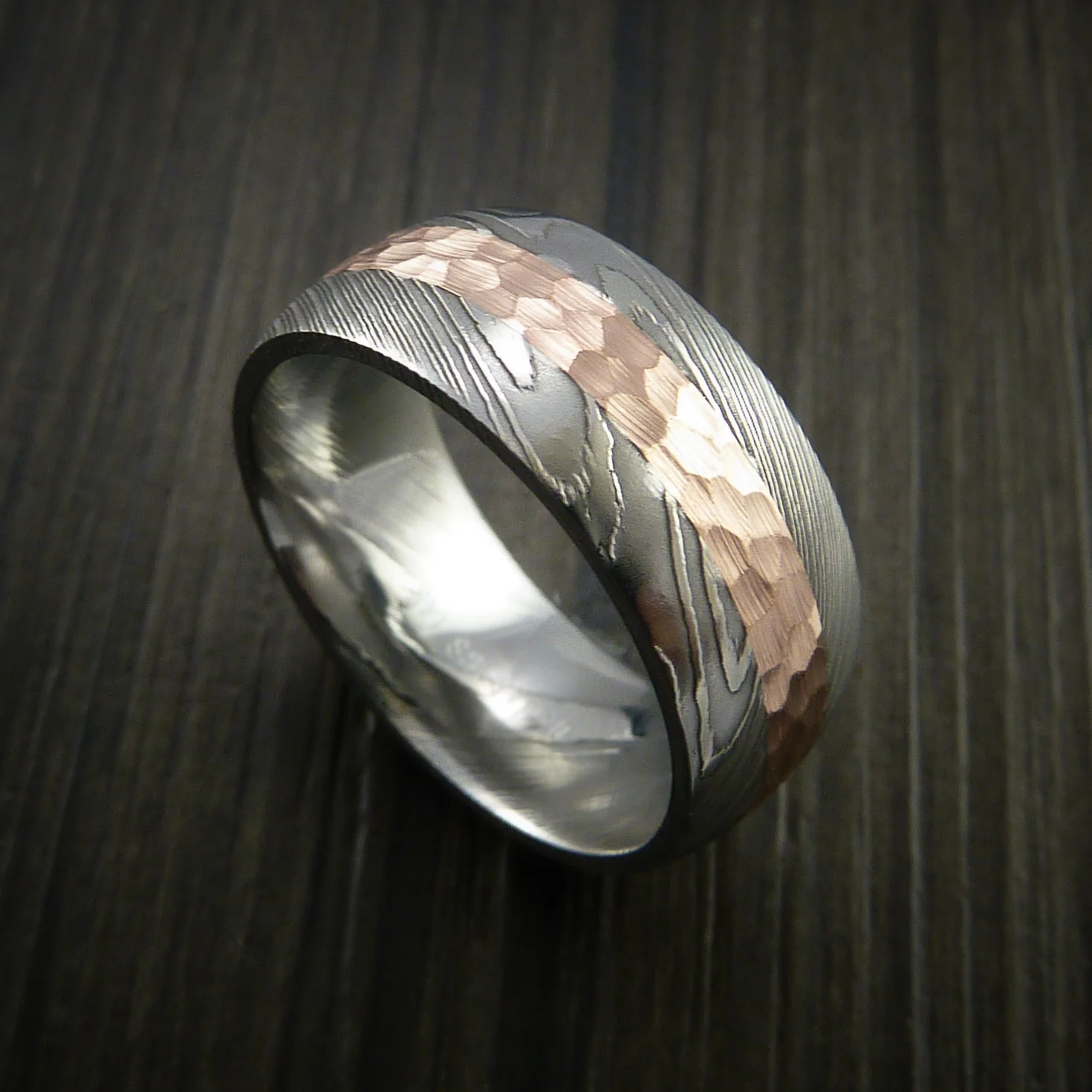 Damascus Steel 14K Rose Gold Men's Ring Wedding Band Custom Made Hammer Finish