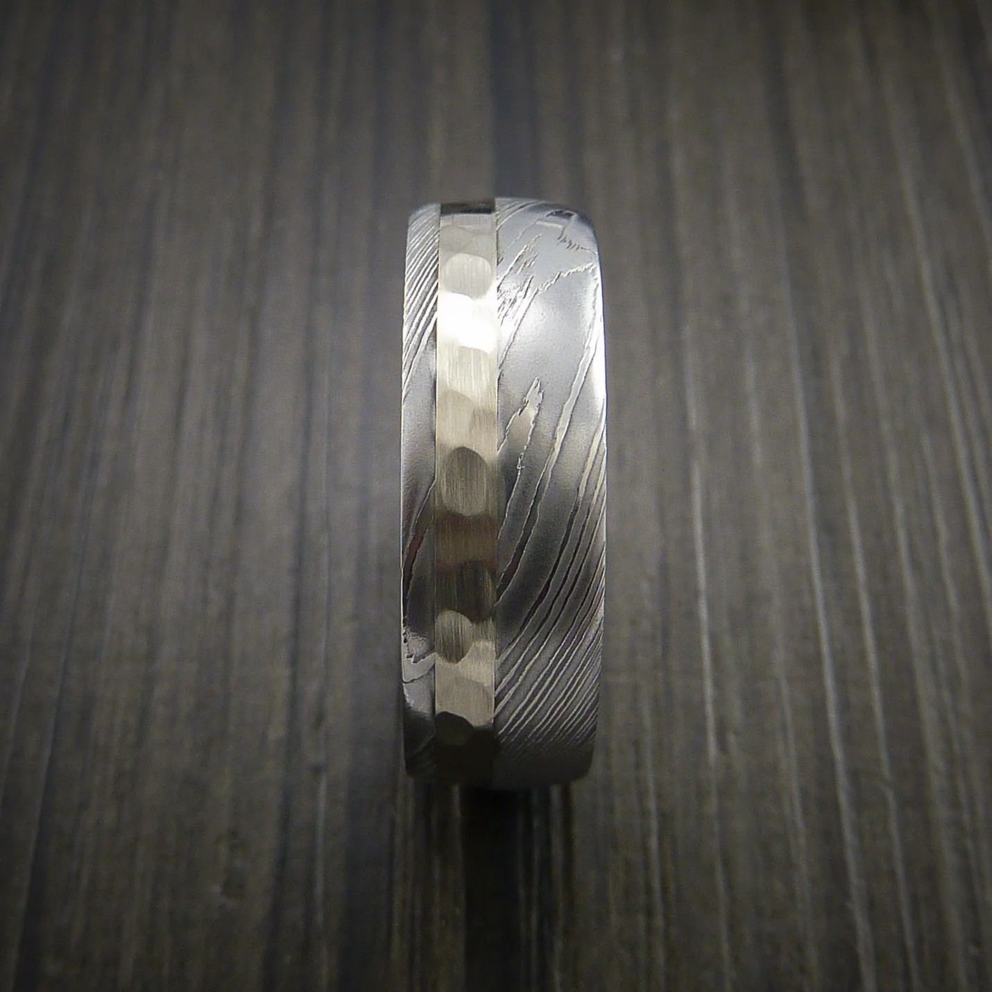 Damascus Steel 14K White Gold Men's Ring Wedding Band Custom Made Hammer Finish - Image 3
