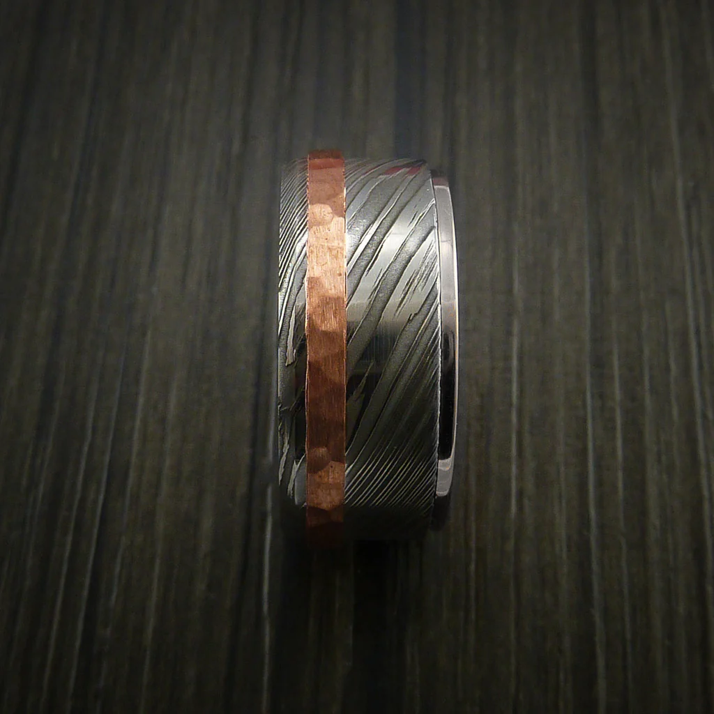 Damascus Steel 14K White Gold Men's Ring Wedding Band with Hammered Copper Inlay - Image 6