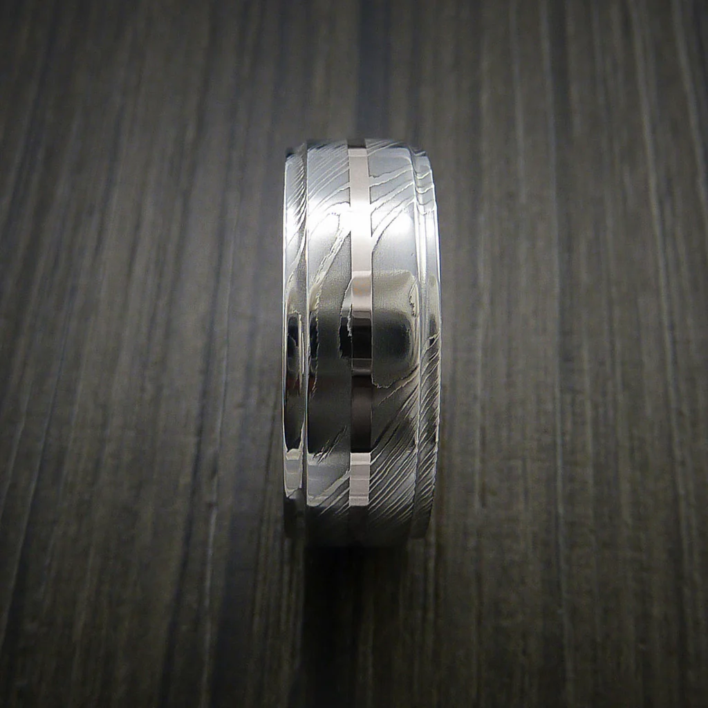 Damascus Steel 14K White Gold Men's Ring with Gold Sleeve Wedding Band Custom Made - Image 3