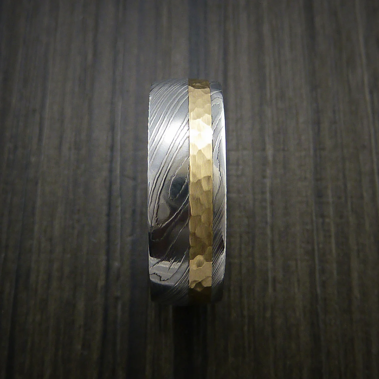 Damascus Steel 14K Yellow Gold Men's Ring Wedding Band Custom Made Hammer Finish - Image 3