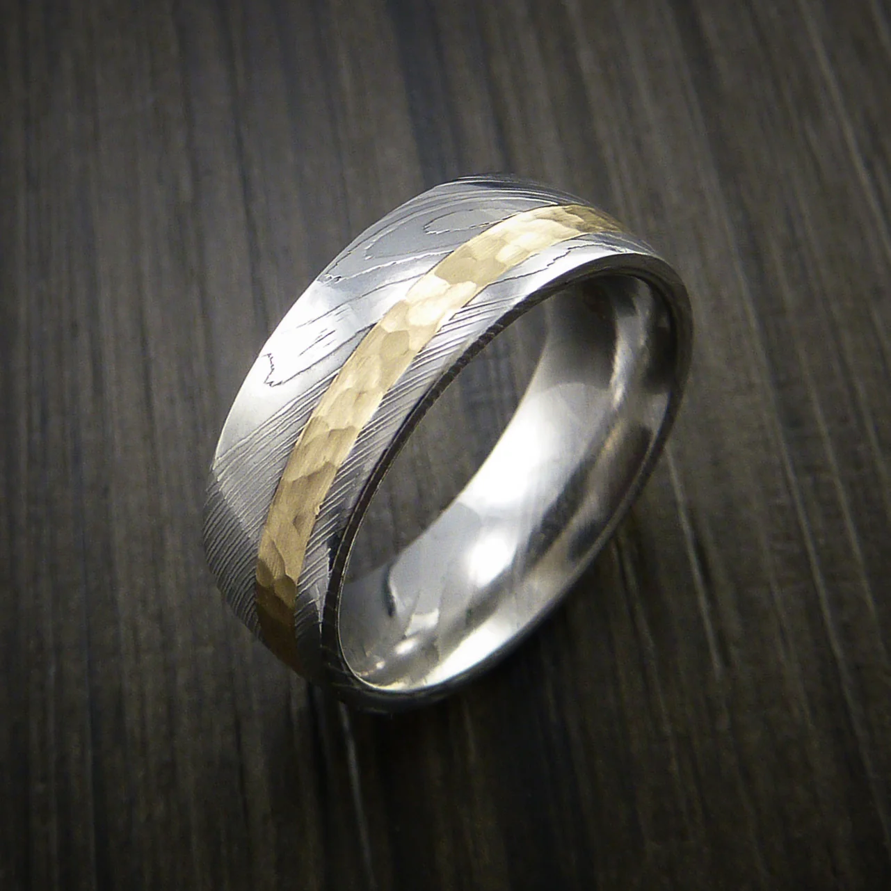 Damascus Steel 14K Yellow Gold Men's Ring Wedding Band Custom Made Hammer Finish - Image 4