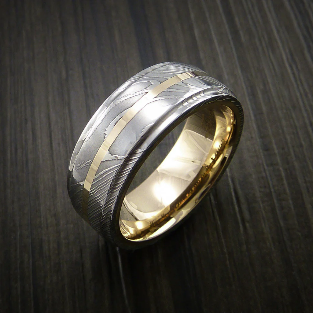 Damascus Steel 14K Yellow Gold Men's Ring with Gold Sleeve Wedding Band Custom Made - Image 3