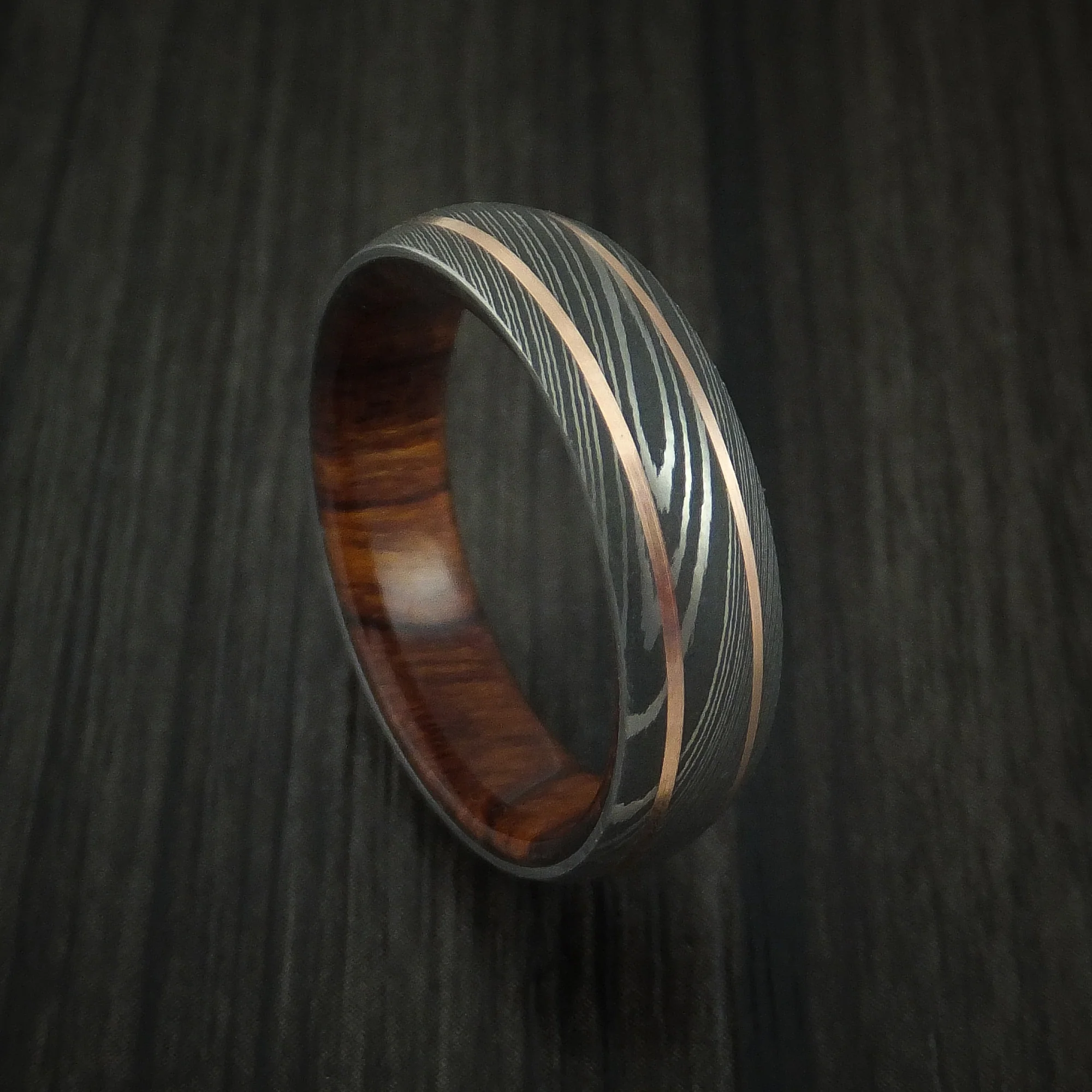 Damascus Steel and 14K Rose Gold Men's Band with Desert Ironwood Burl Sleeve Custom Made