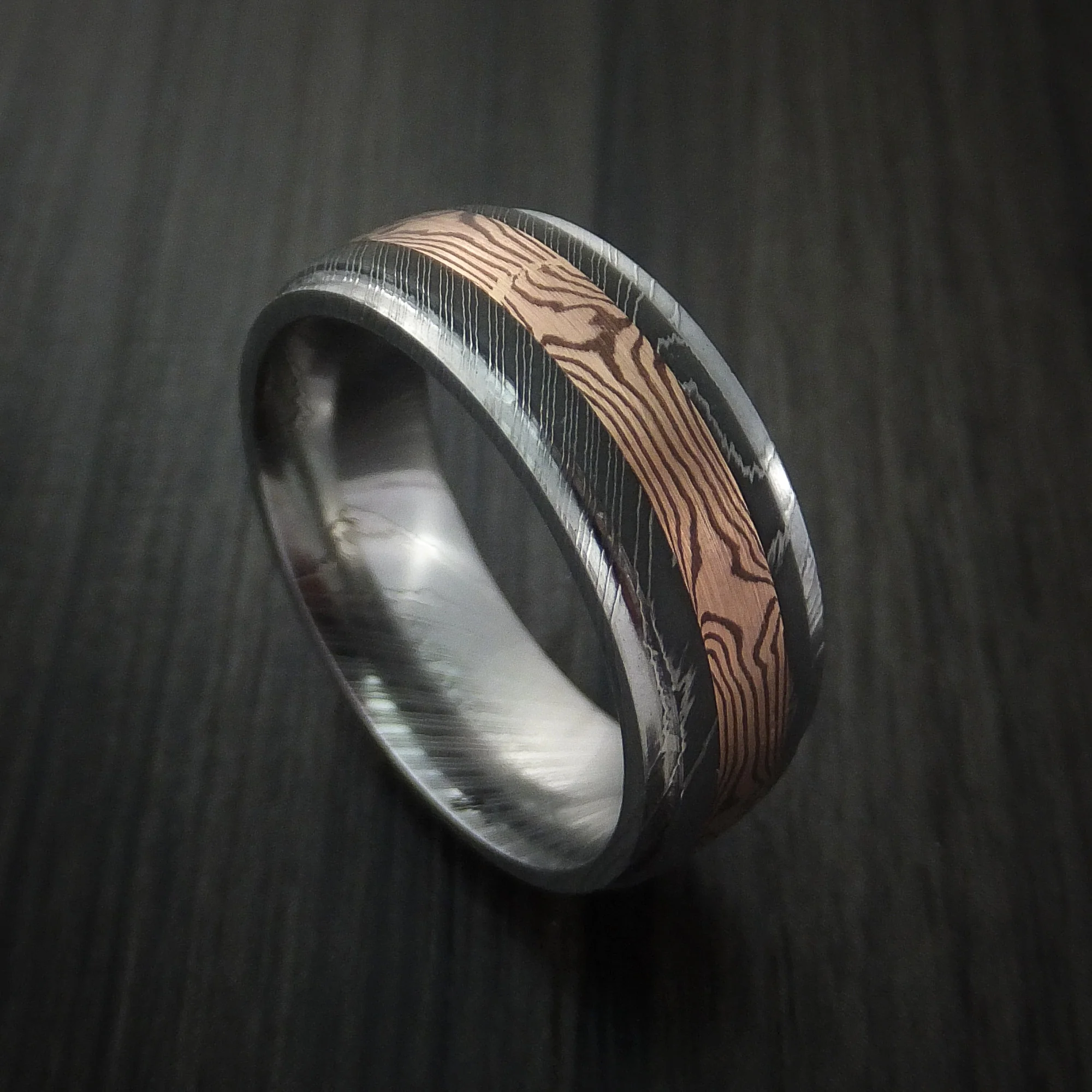 Damascus Steel and 14k Rose Gold Mokume Shakudo Men's Ring Custom Made