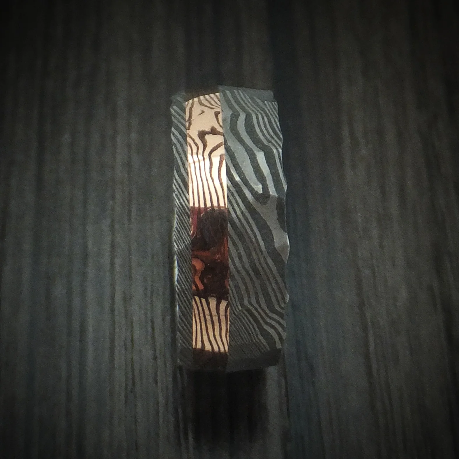 Damascus Steel And 14K Rose Gold Mokume Shakudo Rock Hammered Men's Band Custom Made - Image 3