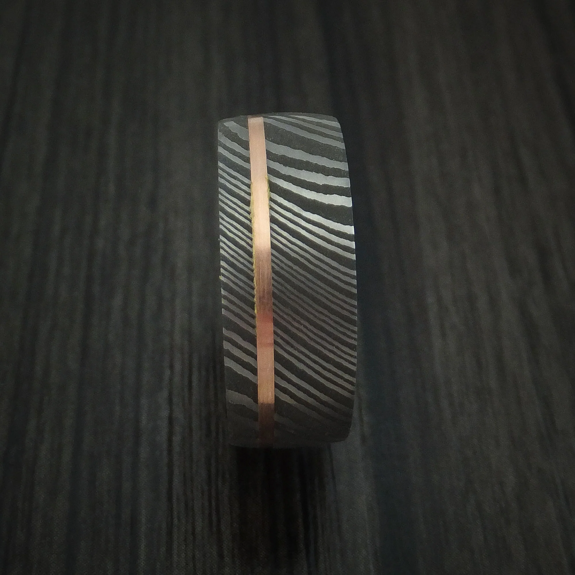 Damascus Steel and 14k Rose Gold Men's Ring with Hazelnut Hardwood Sleeve Custom Made Band - Image 3