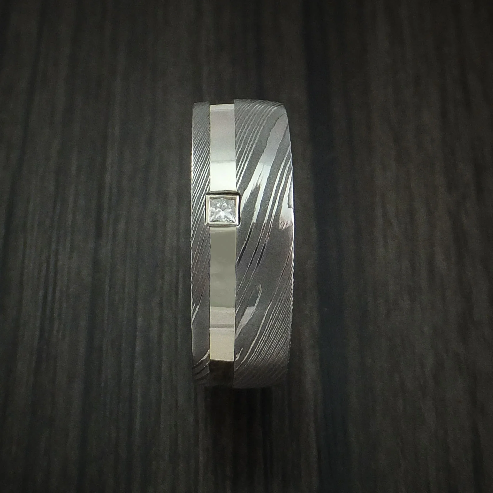 Damascus Steel and 14K White Gold Men's Ring with Diamond Custom Made Band - Image 3