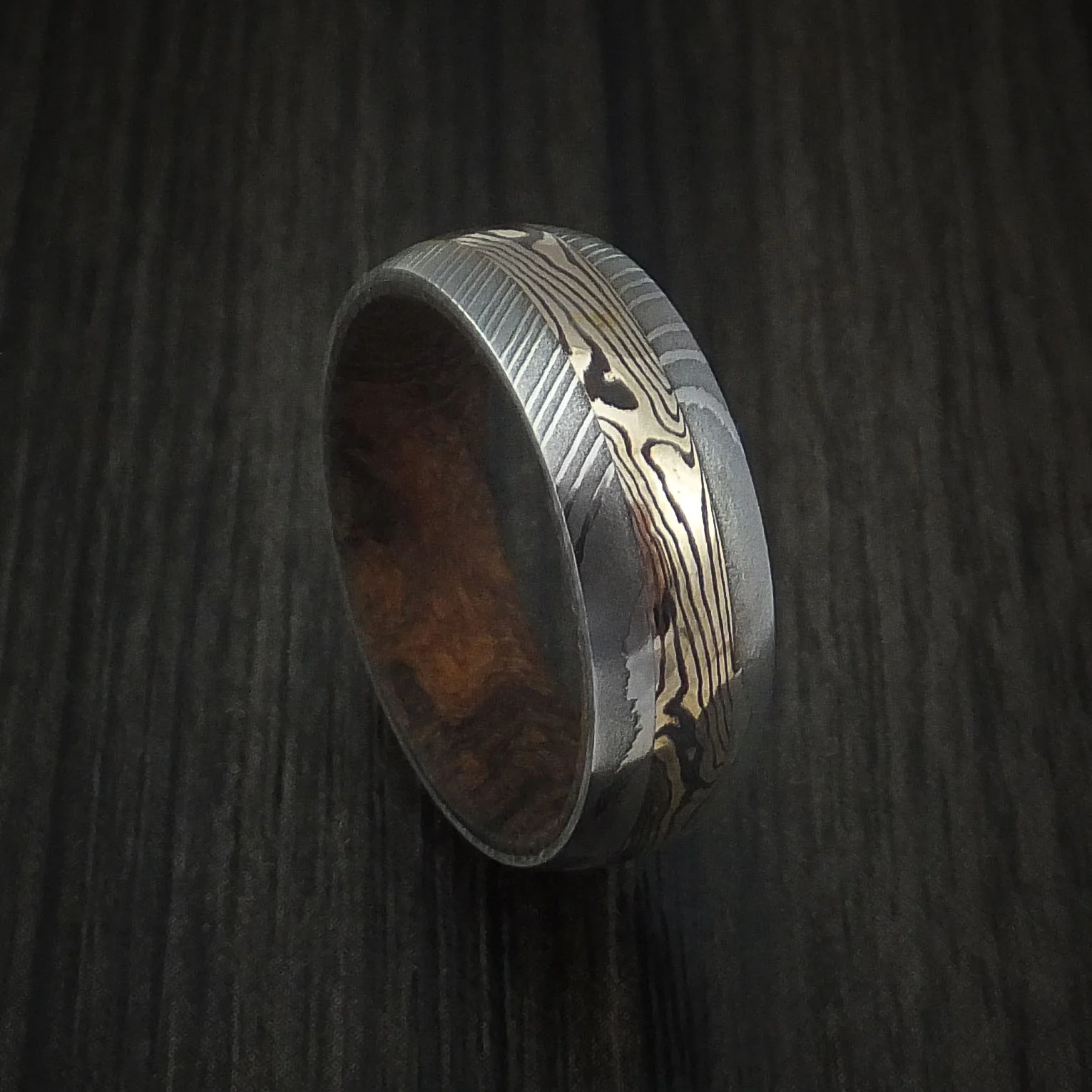 Damascus Steel and 18k Yellow Gold Mokume Shakudo Inlay and Hardwood Sleeve