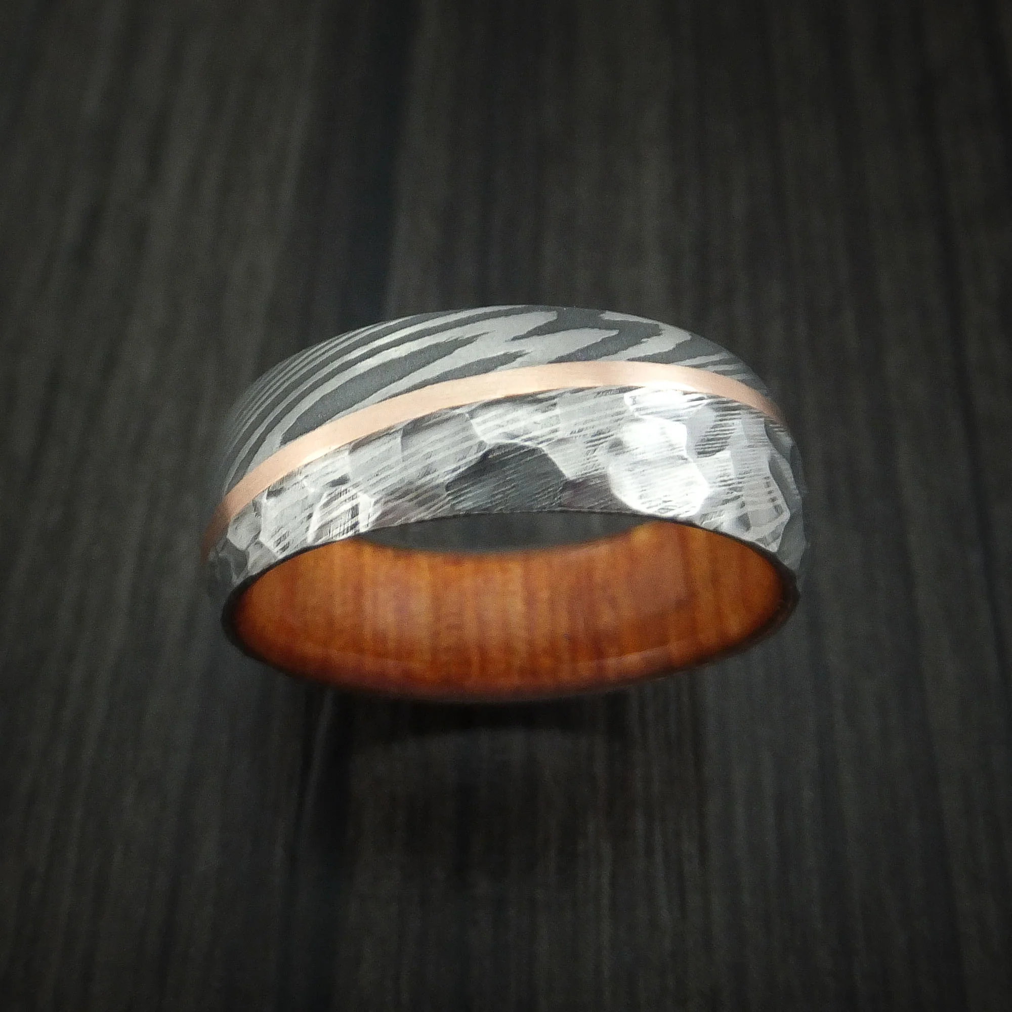Damascus Steel and Angled 14k Rose Gold Men's Ring with Rock Hammer Finish and Osage Orange Wood Sleeve Custom Made Band - Image 2