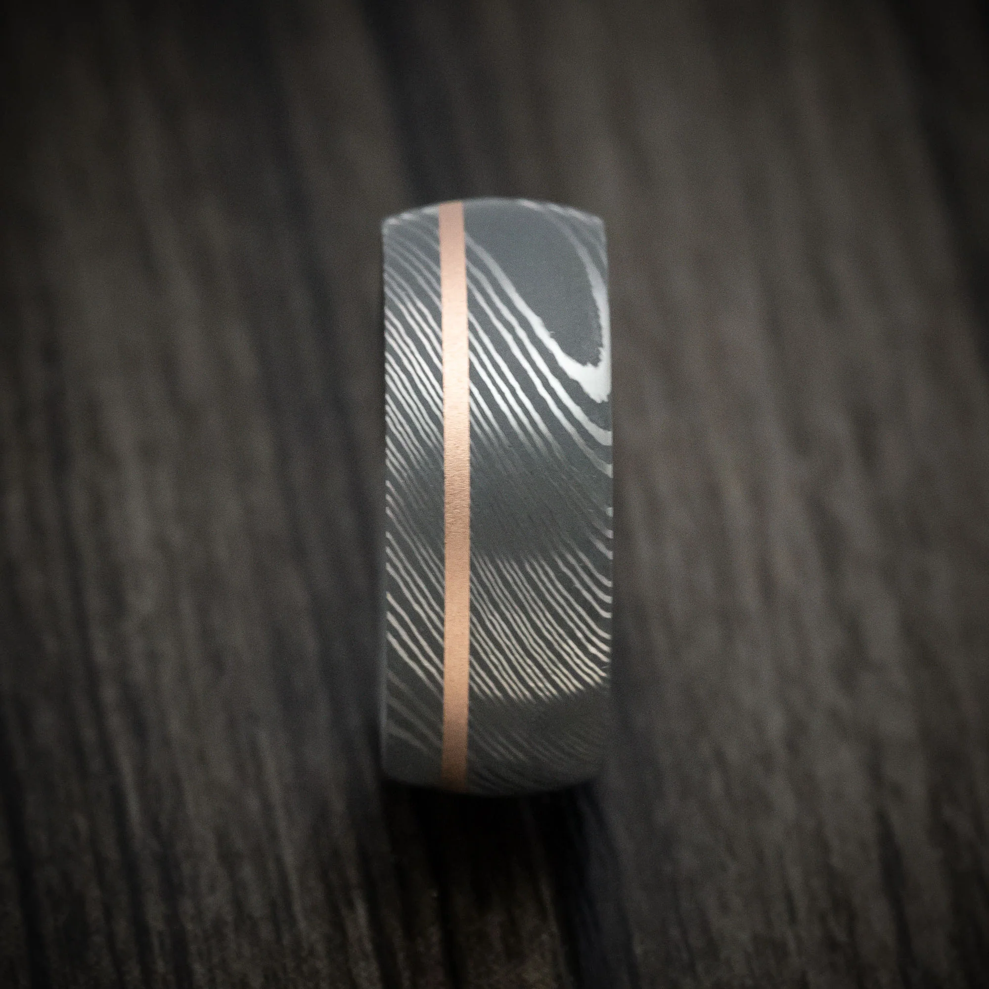 Damascus Steel and Black Mother of Pearl Men's Ring with 14K Gold Inlay - Image 3
