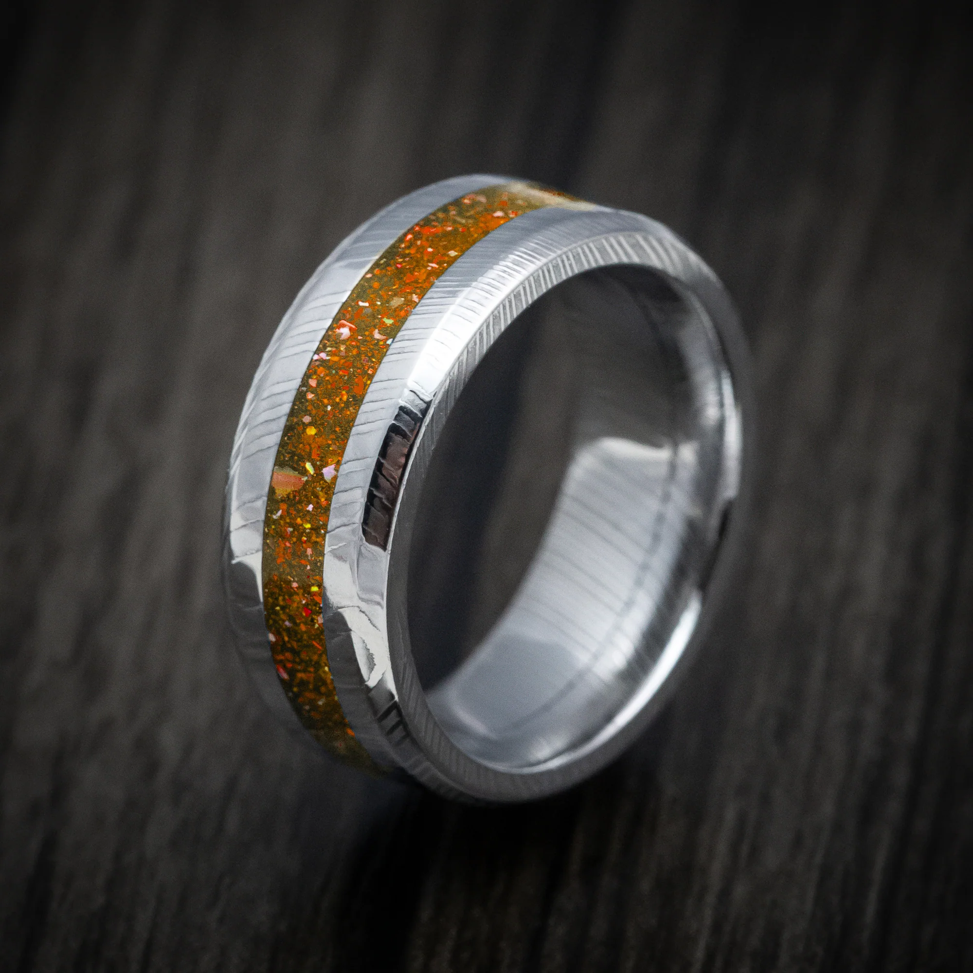 Damascus Steel and DiamondCast Inlay Men's Ring Custom Made - Image 4
