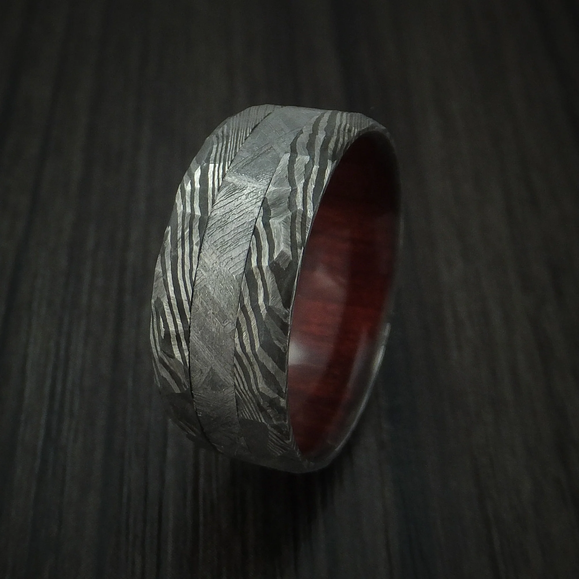 Damascus Steel and Gibeon Meteorite Hammered Men's Ring with Hardwood Sleeve Custom Made Band - Image 4