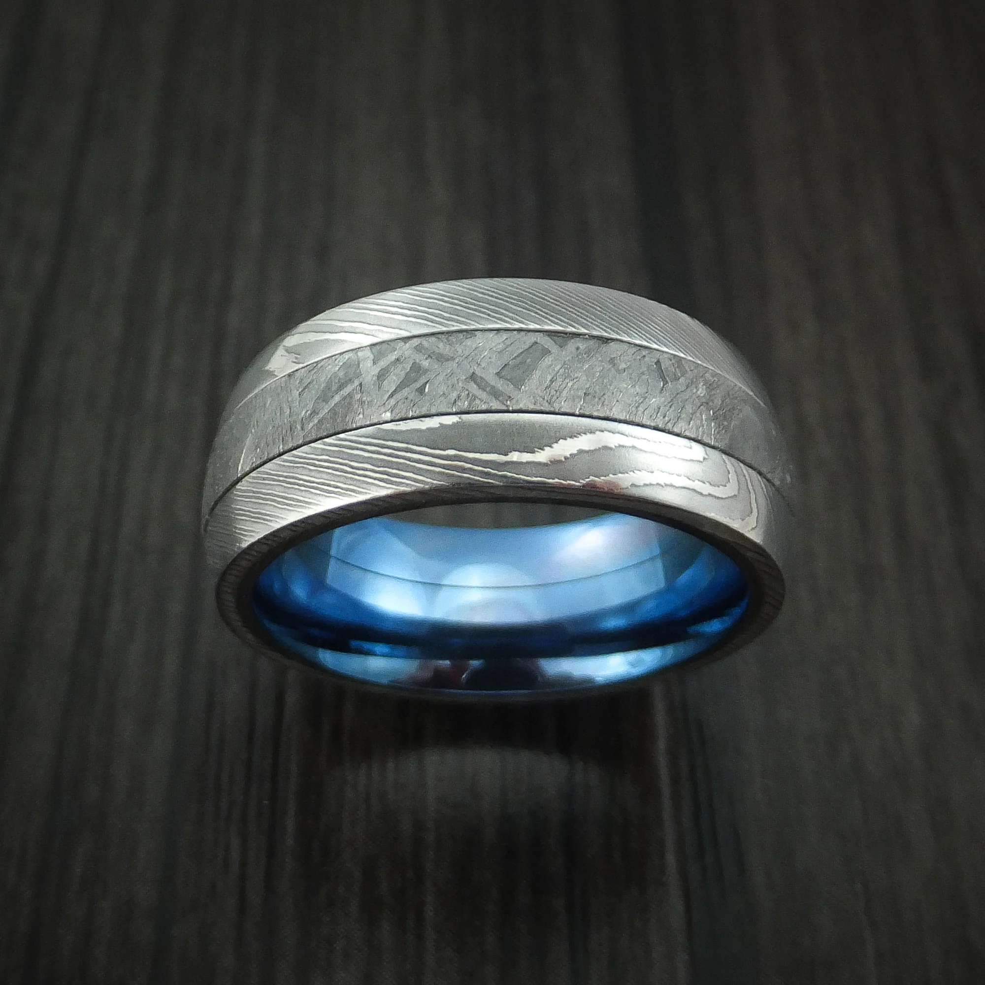Damascus Steel and Meteorite Men's Ring with Anodized Titanium Sleeve Custom Made - Image 2