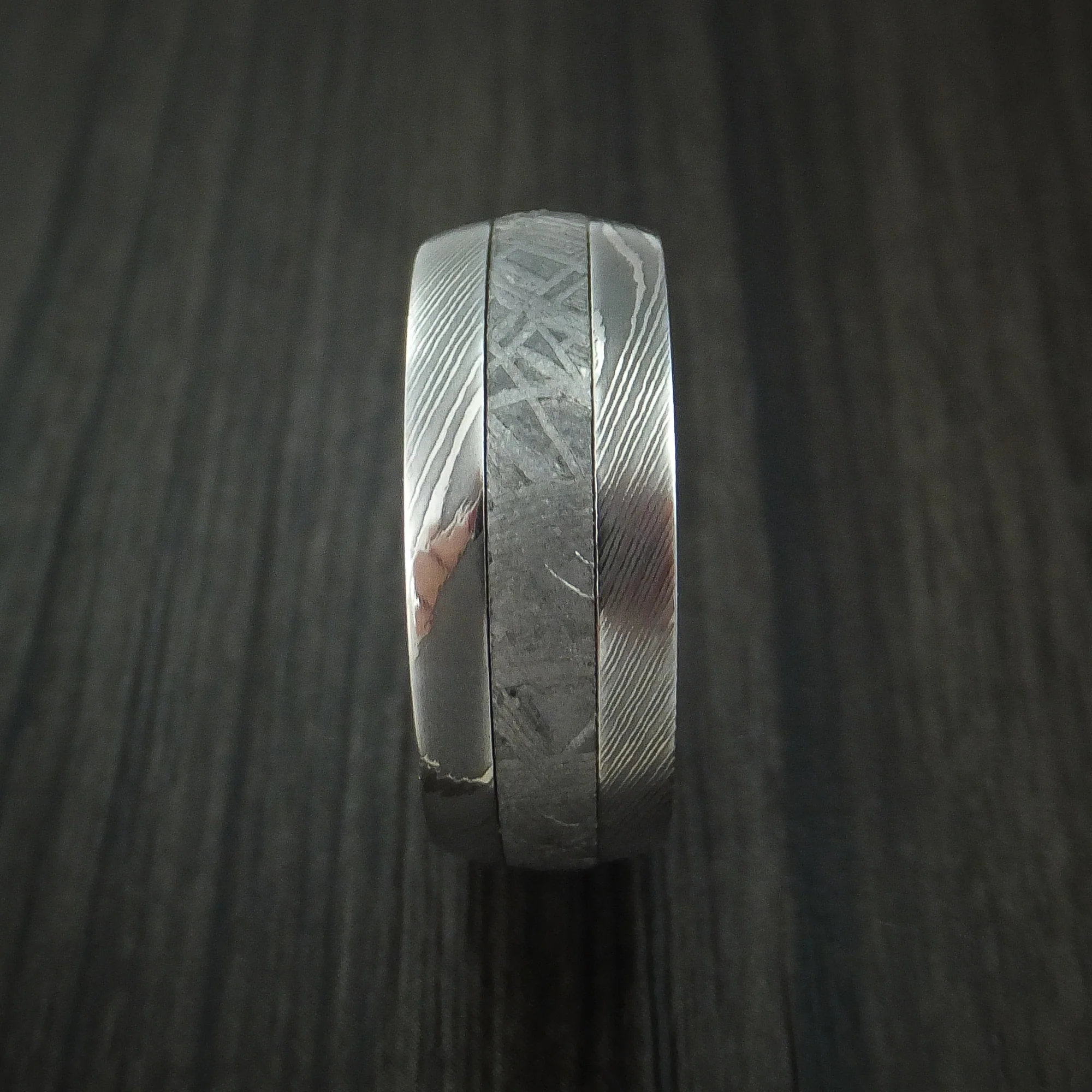 Damascus Steel and Meteorite Men's Ring with Anodized Titanium Sleeve Custom Made - Image 3