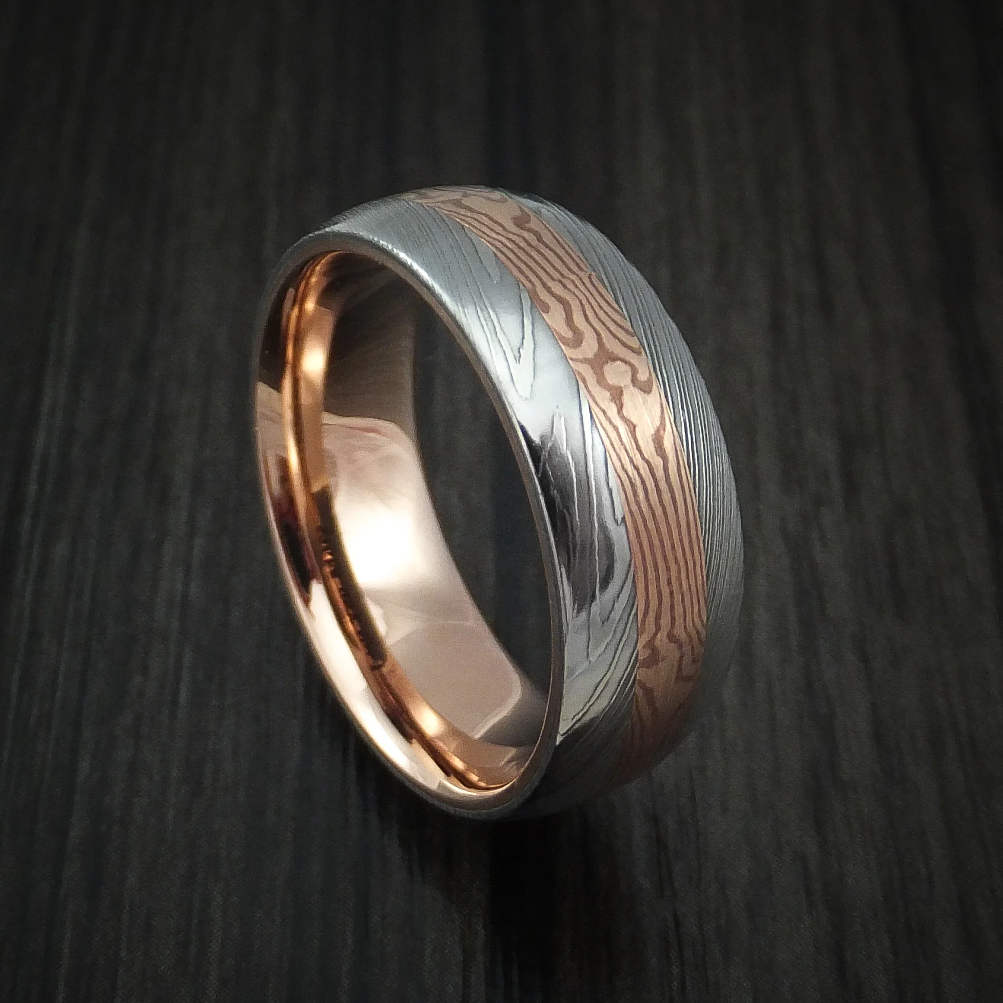 Damascus Steel and Mokume Gane Men's Ring with Rose Gold Sleeve Wedding Band Custom Made