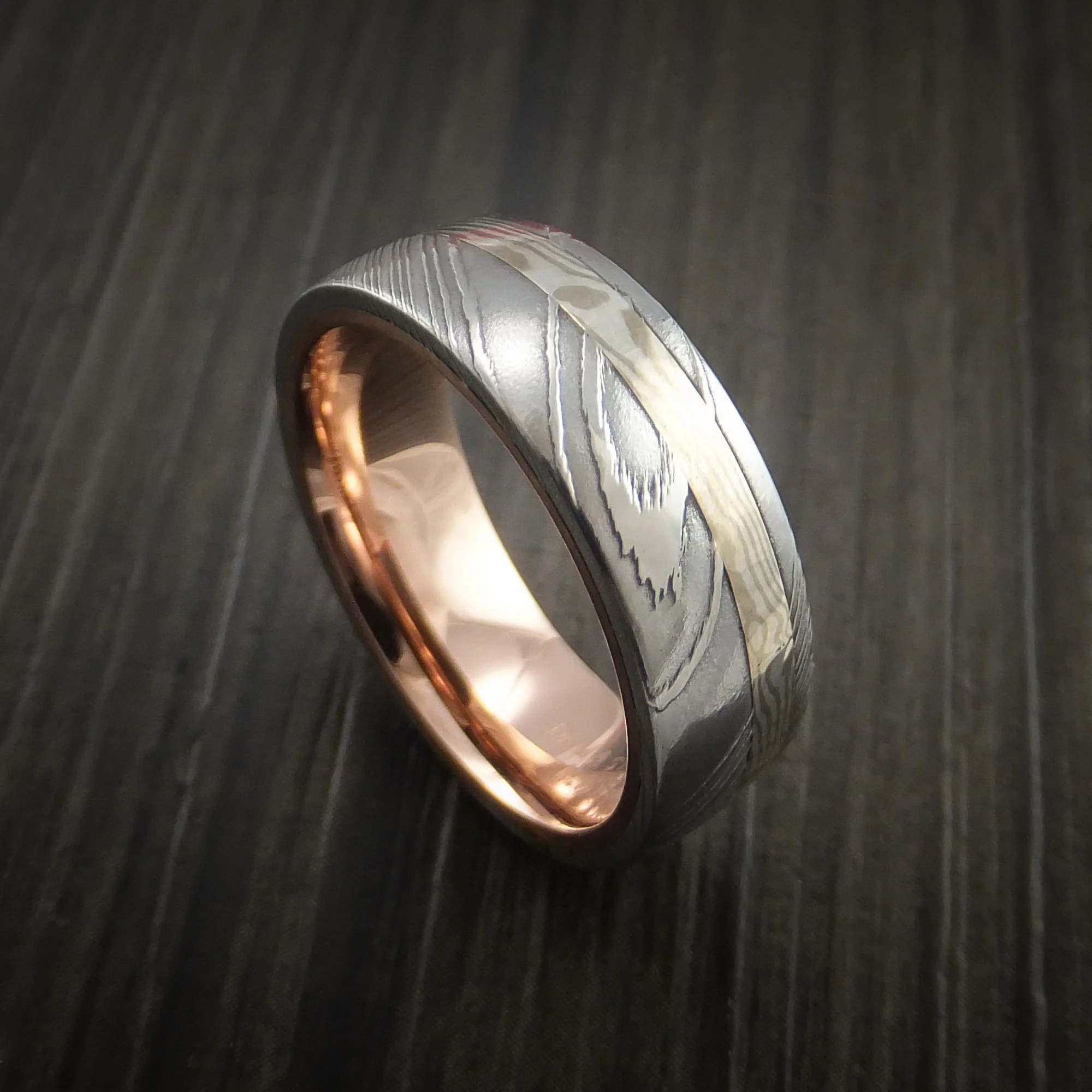 Damascus Steel and Mokume Gane Men's Ring with Rose Gold Sleeve Wedding Band Custom Made - Image 2