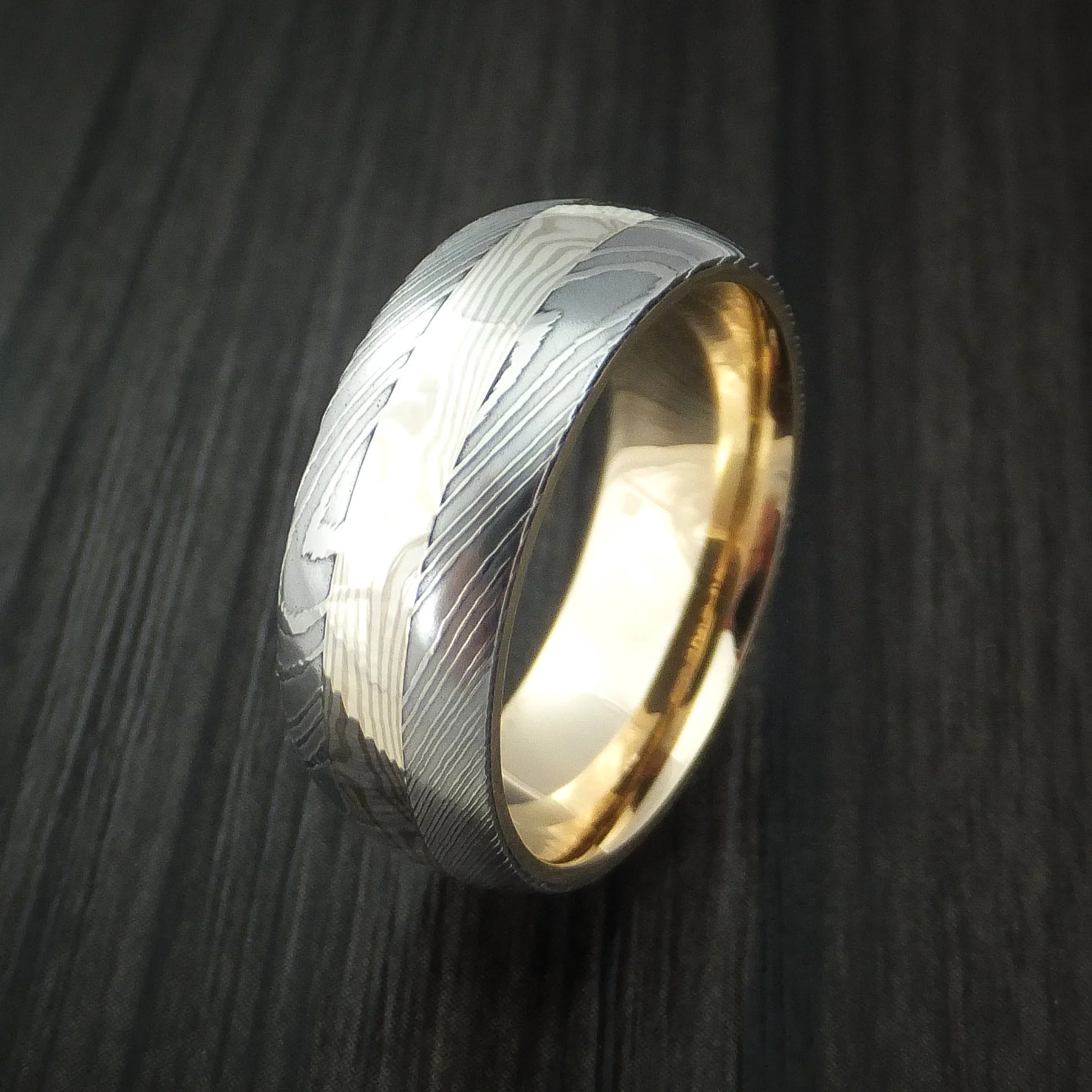 Damascus Steel and Mokume Gane Men's Ring with Yellow Gold Sleeve Wedding Band Custom Made - Image 3