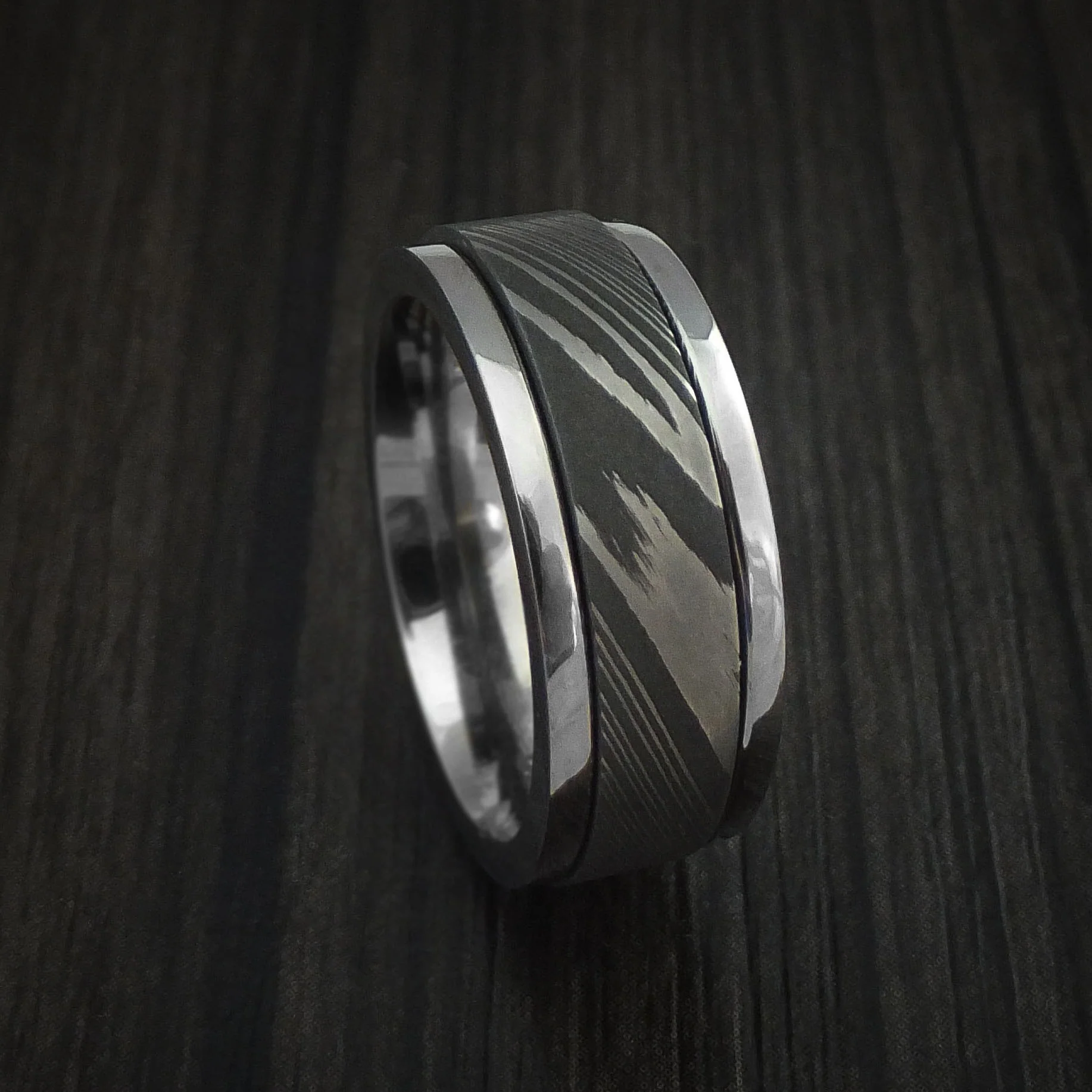 Damascus Steel and Titanium Spinner Men's Ring Custom Made Band