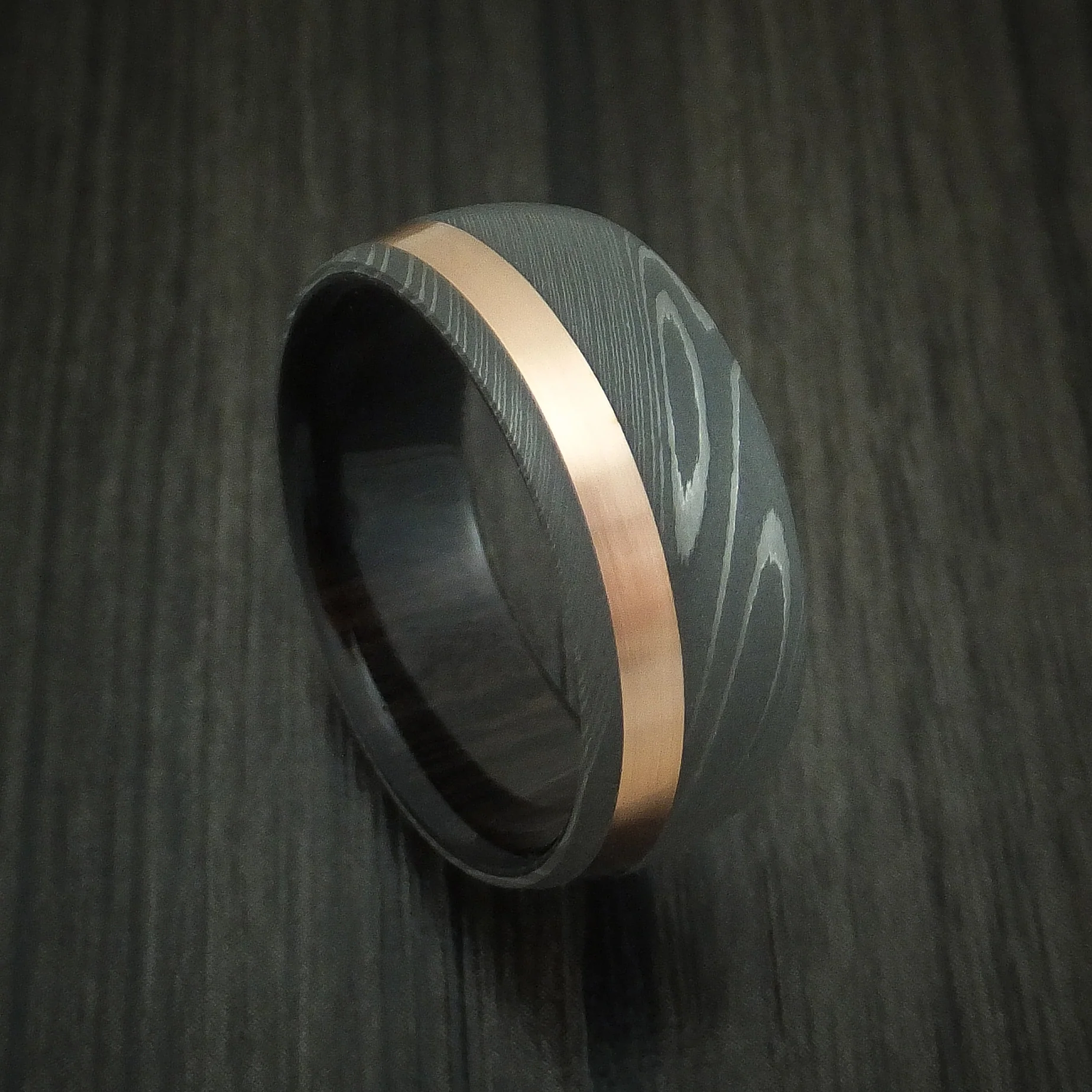 Damascus Steel Men's Band with 14k Rose Gold and Ebony Hardwood Sleeve Custom Made