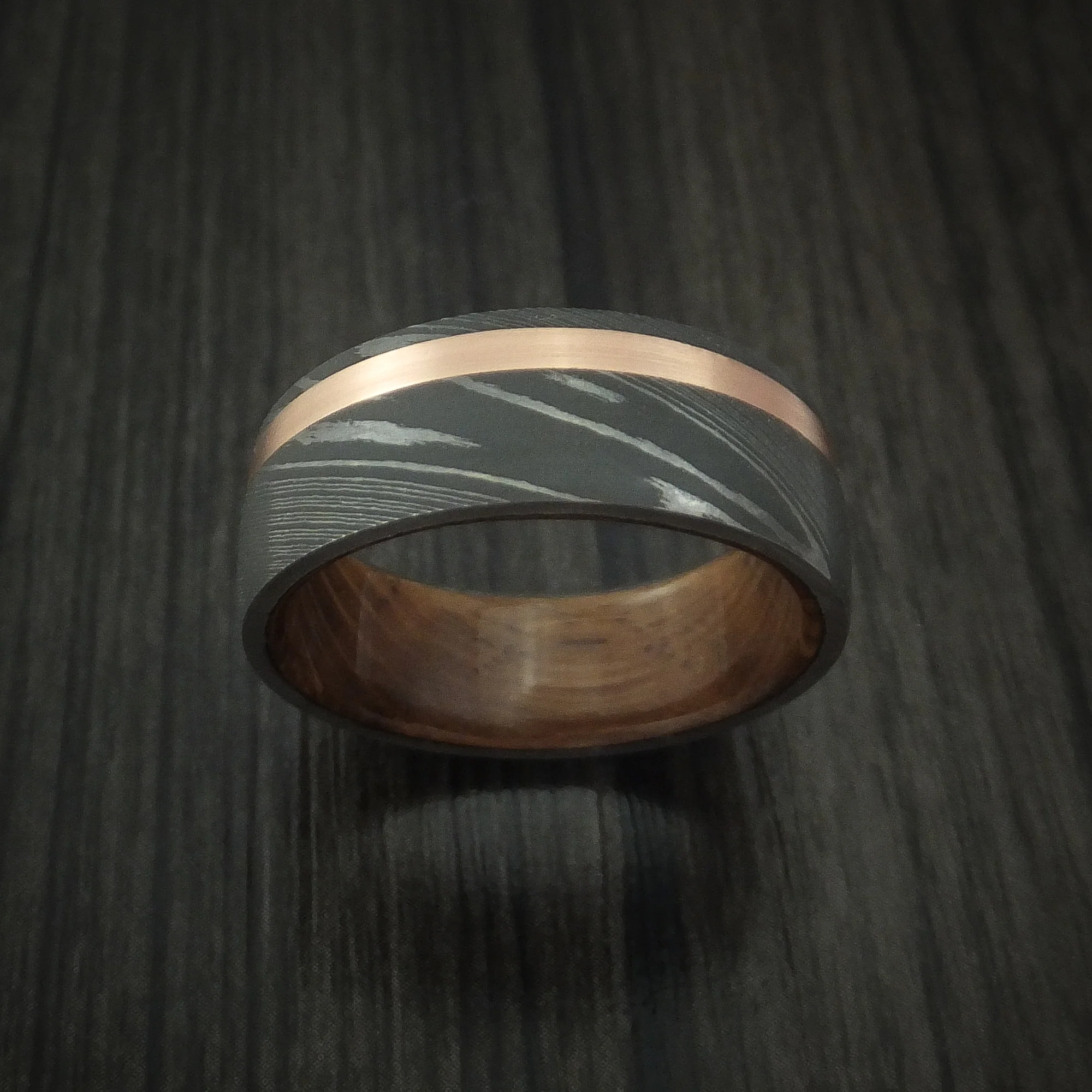 Damascus Steel Men's Band with 14k Rose Gold and Whiskey Barrel Wood Sleeve Custom Made - Image 2
