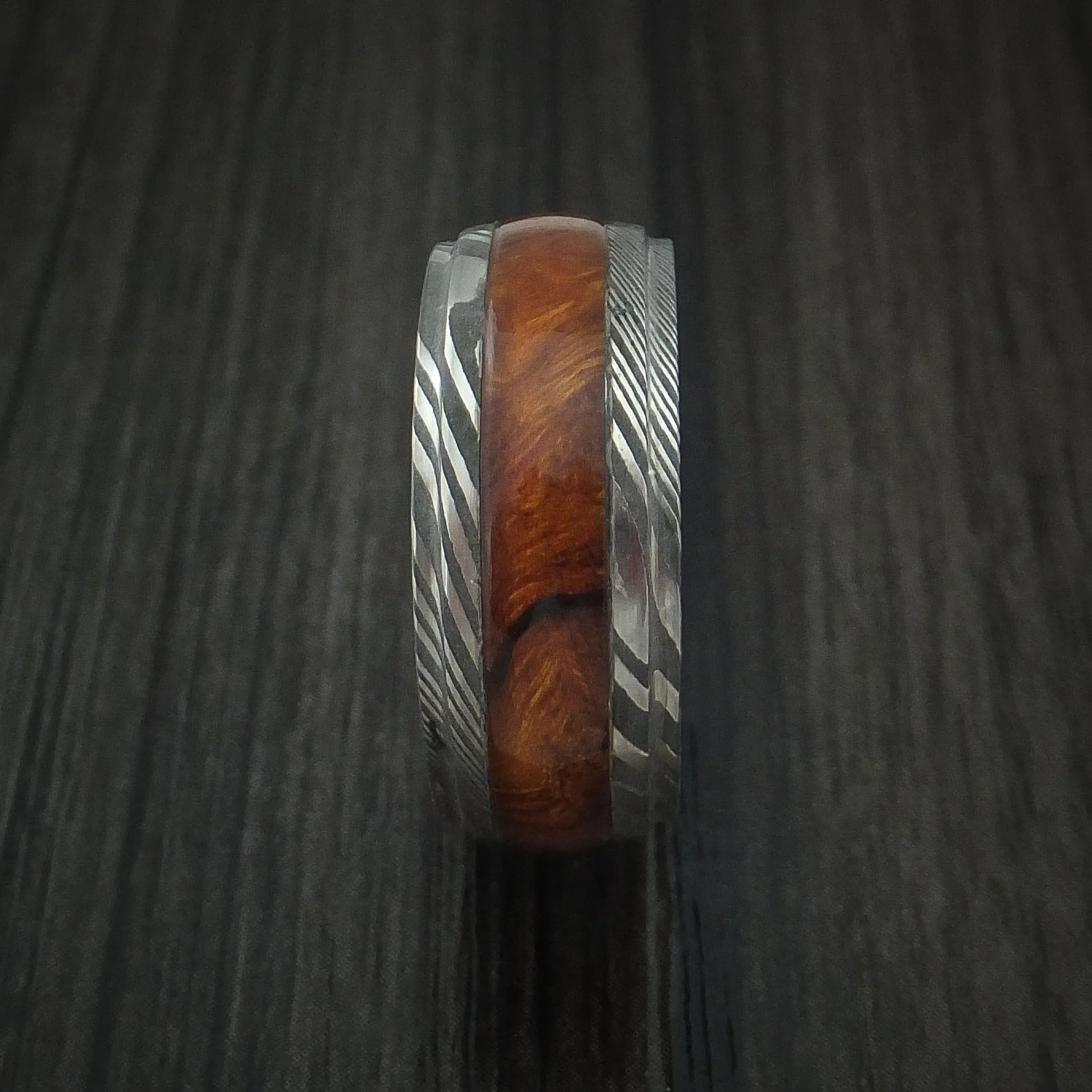 Damascus Steel Band with Desert Ironwood Burl Hardwood Inlay Custom Made Men's Ring - Image 3