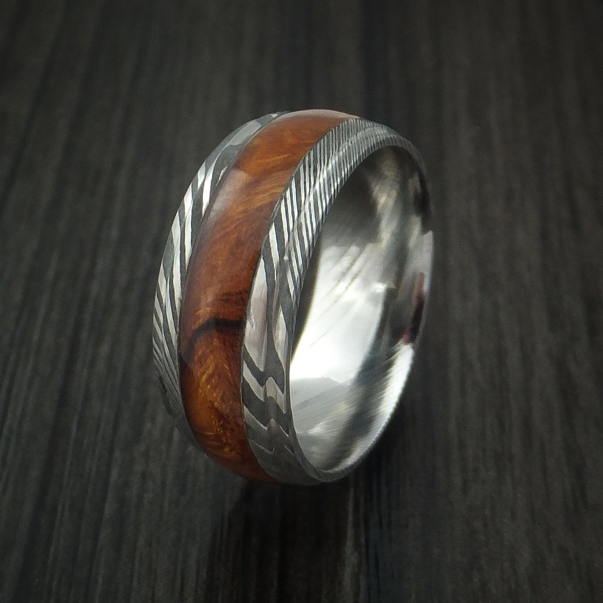 Damascus Steel Band with Desert Ironwood Burl Hardwood Inlay Custom Made Men's Ring - Image 4